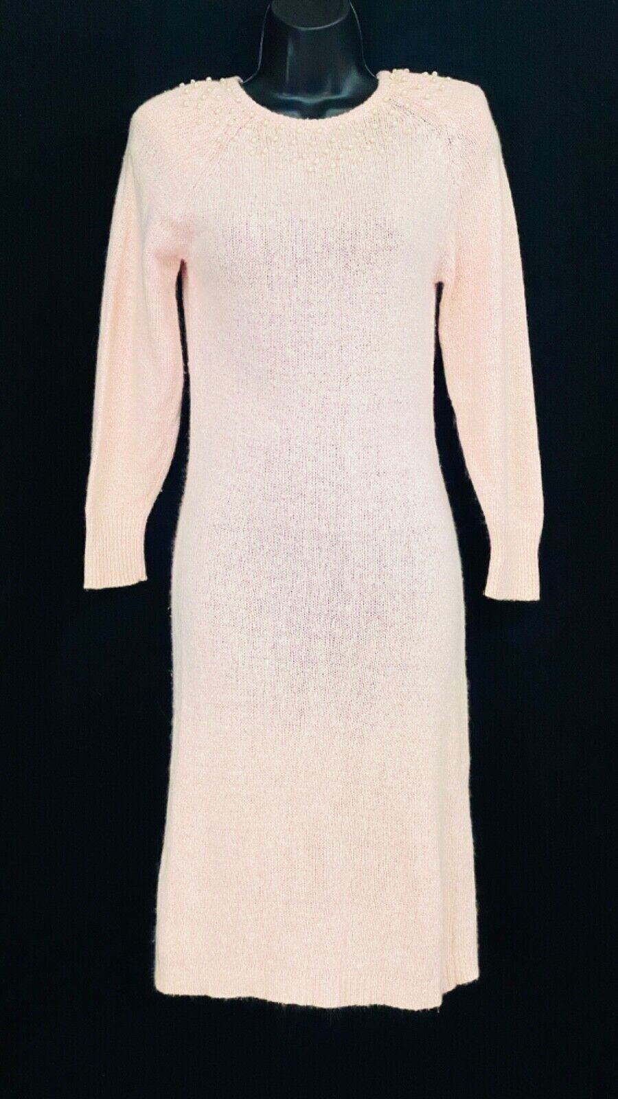 Vintage 1980s pink silk Angora knit dress, light long sleeve sweater pearls XS S