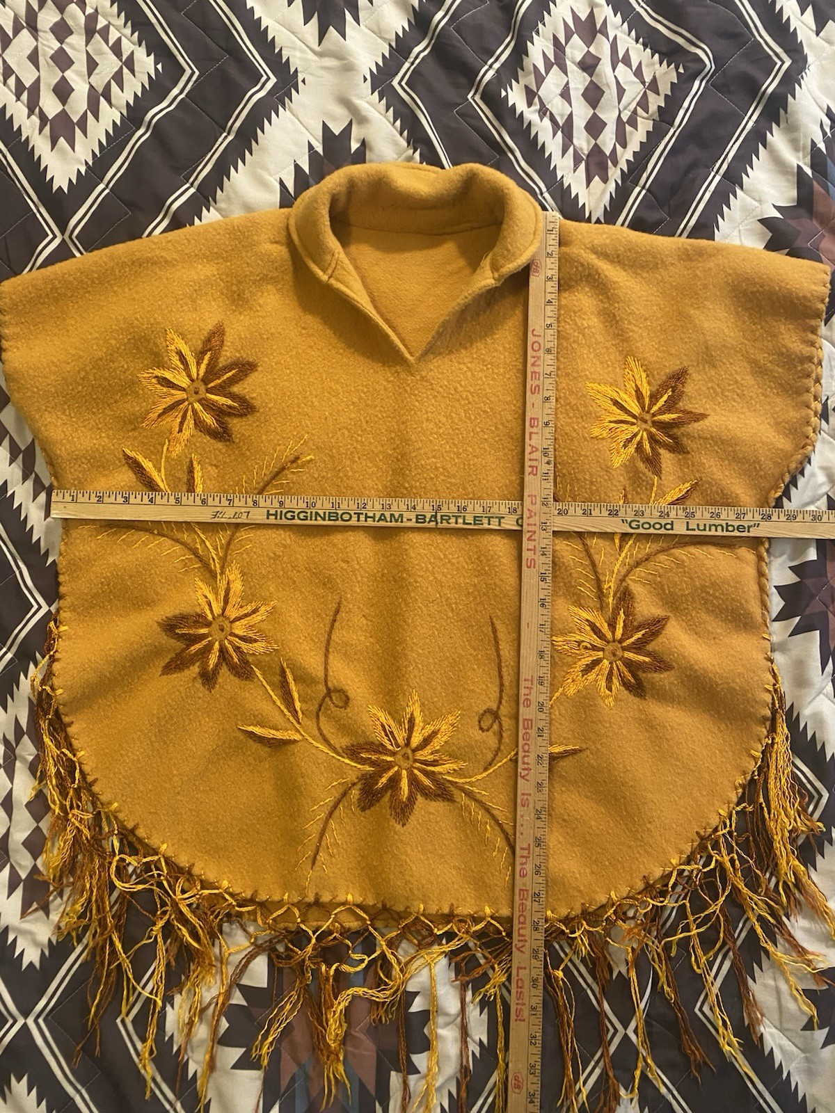 Vintage 60s Fringe Embroidered Wool Poncho Cape Flowers Yellow Women’s OSFM