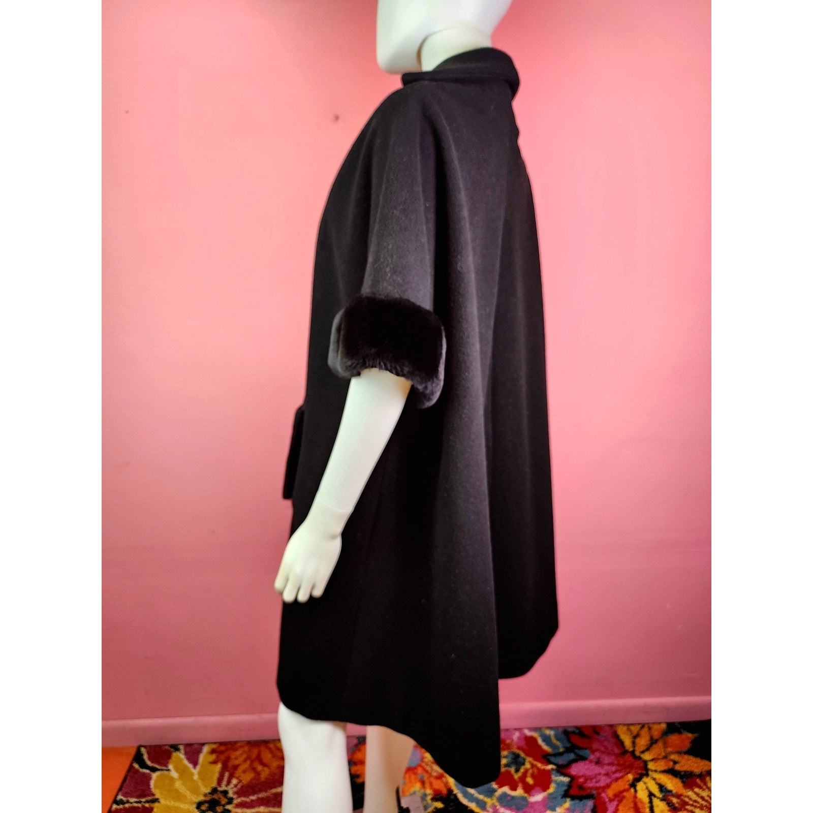 Vintage 1950’s to 1960’s Black Wool and Faux Fur Swing Coat Half Sleeve