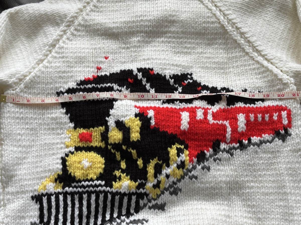 Hand crafted train theme Knit Wool Sweater Curling Stone Zip Cardigan, Size L