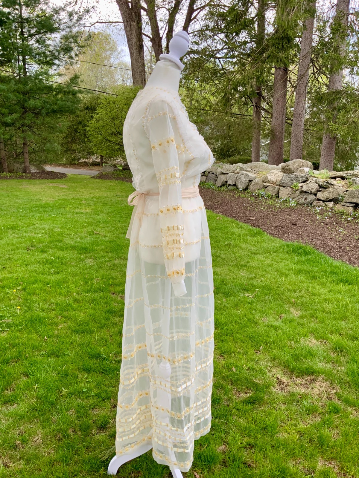 1970s Sheer Romantic Bridal Dress | Edwardian Revival Ivory with Ribbon