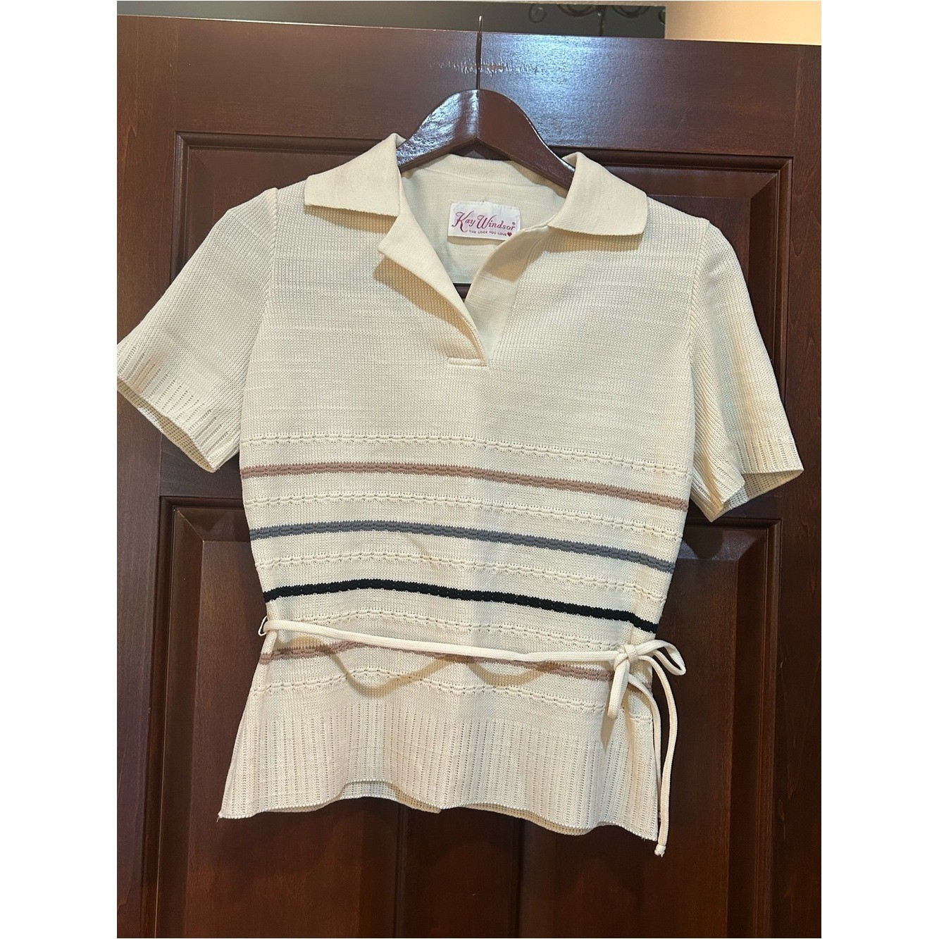Vintage Kay Windsor Knit Polo Sweater Top Tie Hem Cream Stripe USA Women’s Med?