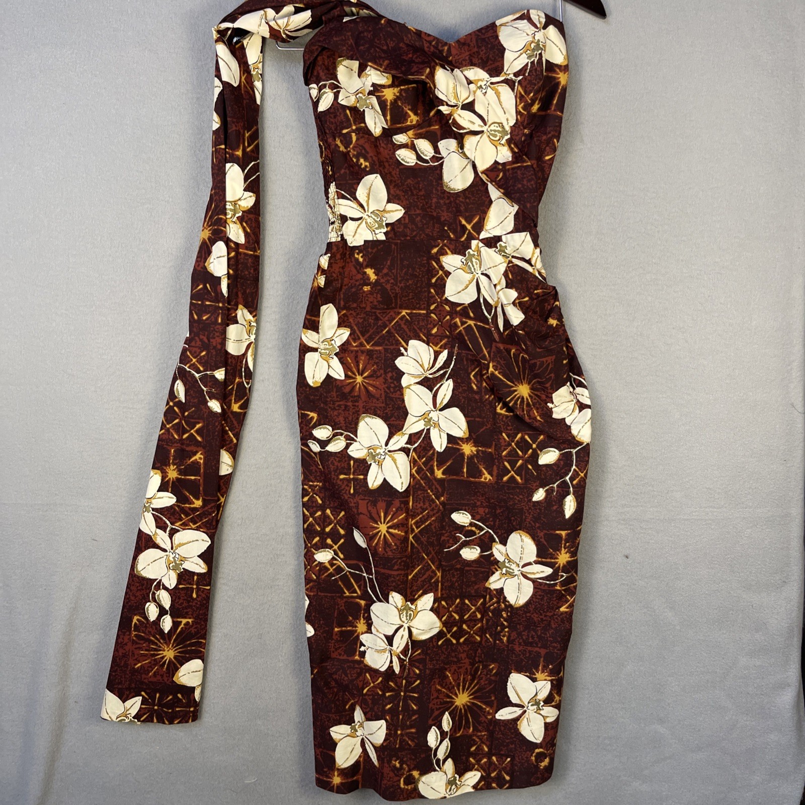 Vintage 50s Alfred Shaheen Patio Dress Hand Print Orchid Sweetheart Bodice
