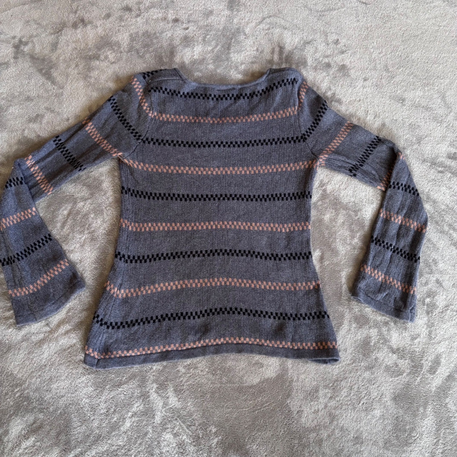 Y2K 100% Cotton Knit Sweater Gray Striped Lightweight Boho Minimalist| Medium