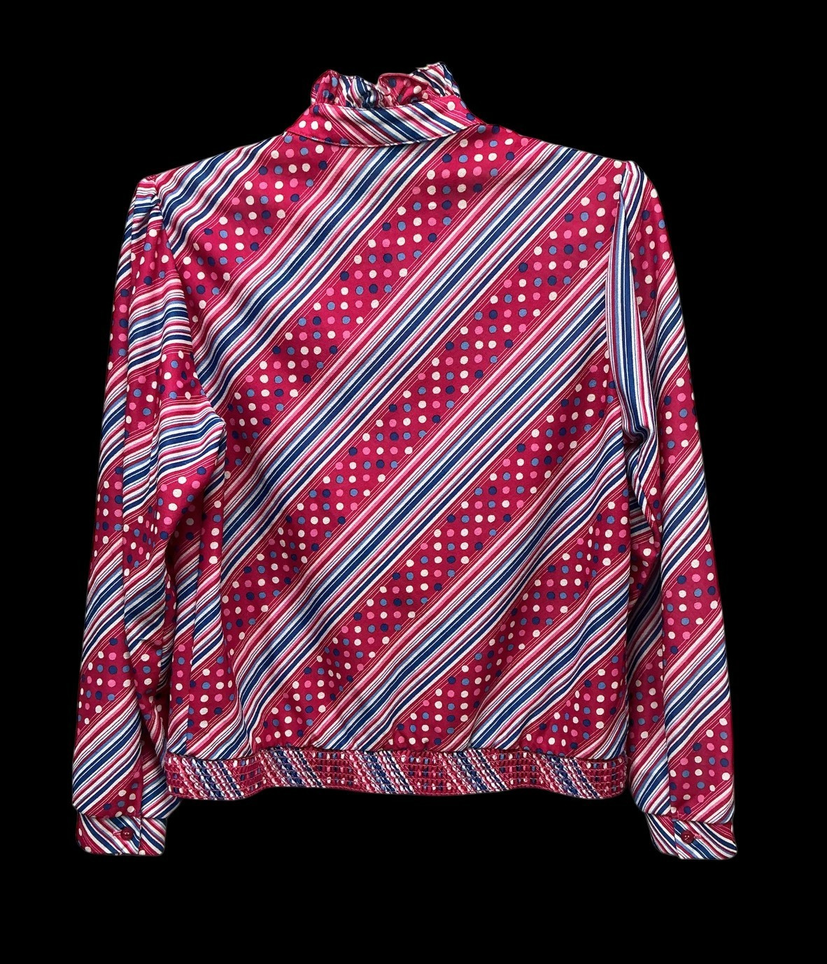 1970s Ecco Bay Ruffle Neck Striped Polyester Polkadot Pink Long Sleeve Blouse