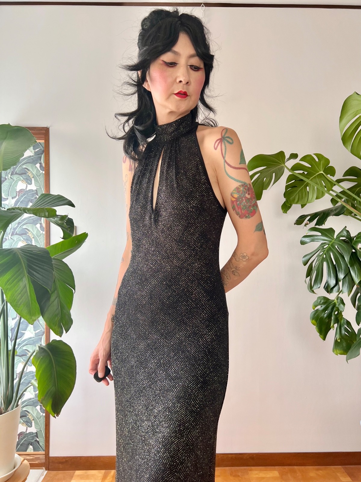 90s Does 70s Caché Open Back Black Glitter Keyhole Halter Maxi Dress Disco Gown