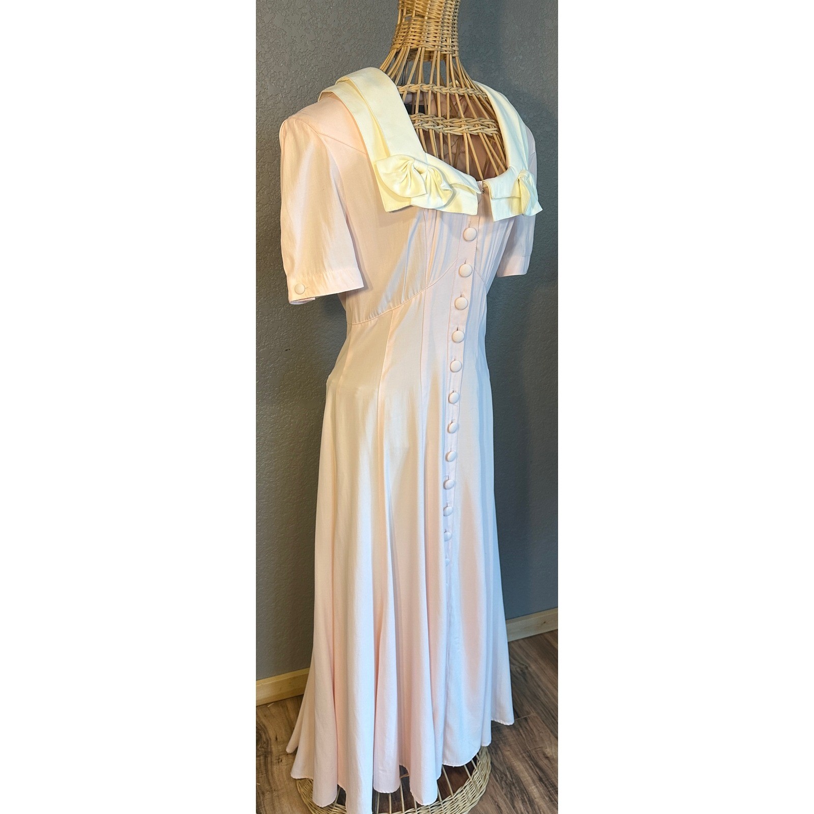 Vtg Karen Alexander 8 Pink Sailor Collar Maxi Dress Bows Button up Cottagecore
