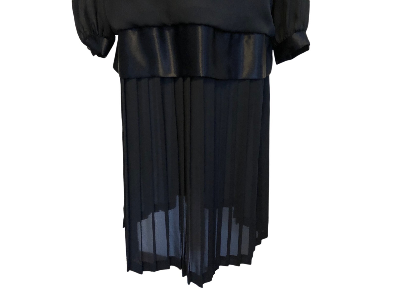 vtg LADY CAROL Black Chiffon Blouson Dress Sz 14 Pleated Drop Waist 80s 90s