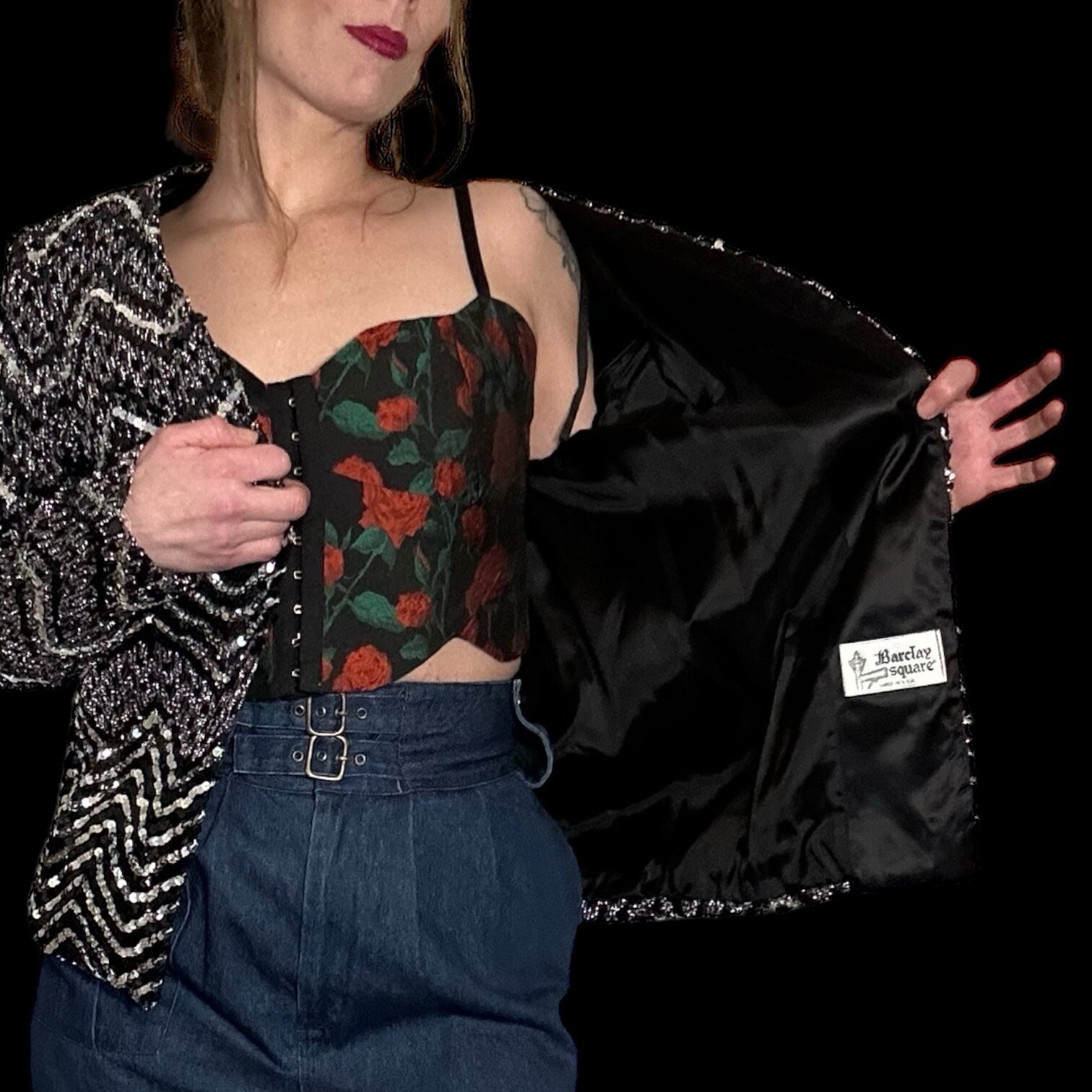 Vintage 80s Glam Formal Black & Silver Zig Zag Barclay Square Blazer Jacket