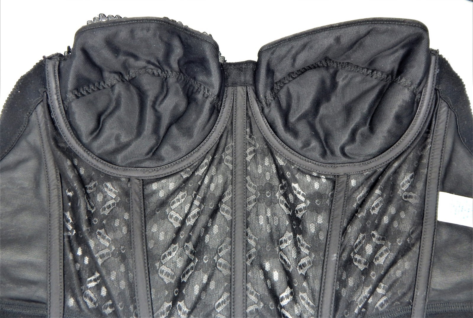 VTG Sears Black Lace Longline Padded Strapless Wire Bra 38C Low Plunging Back