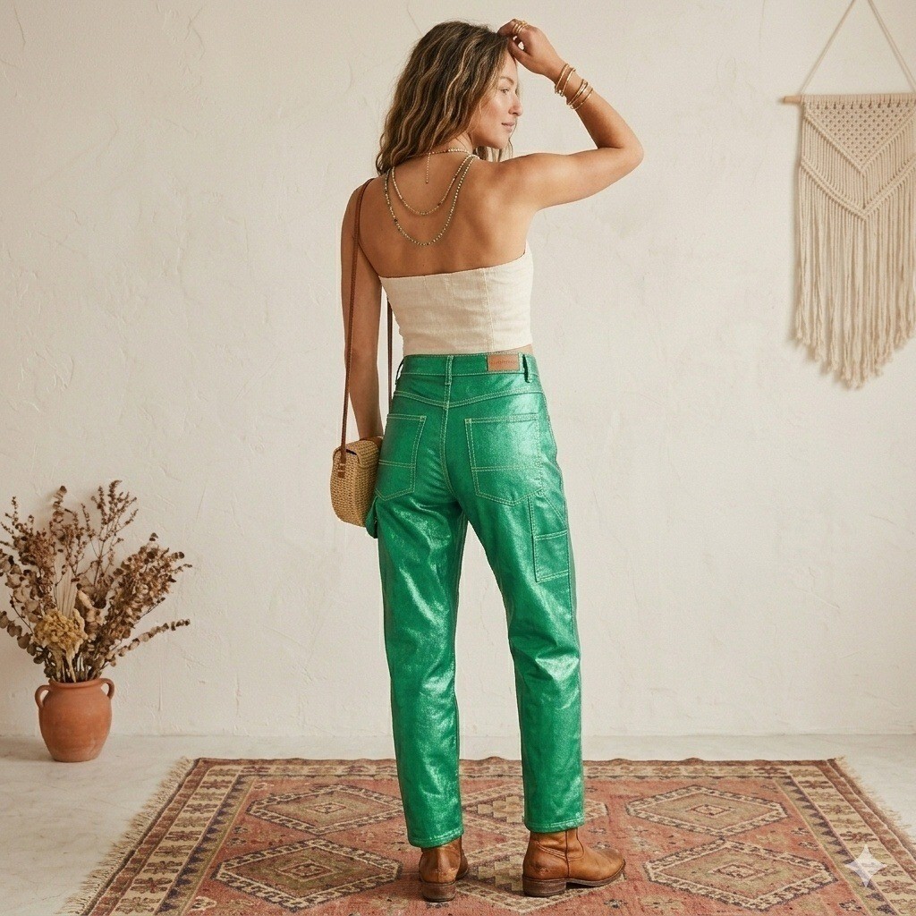New We The Free Jeans Barrel Moxie 34×26 Metallic Green Low Slung Horseshoe NWOT
