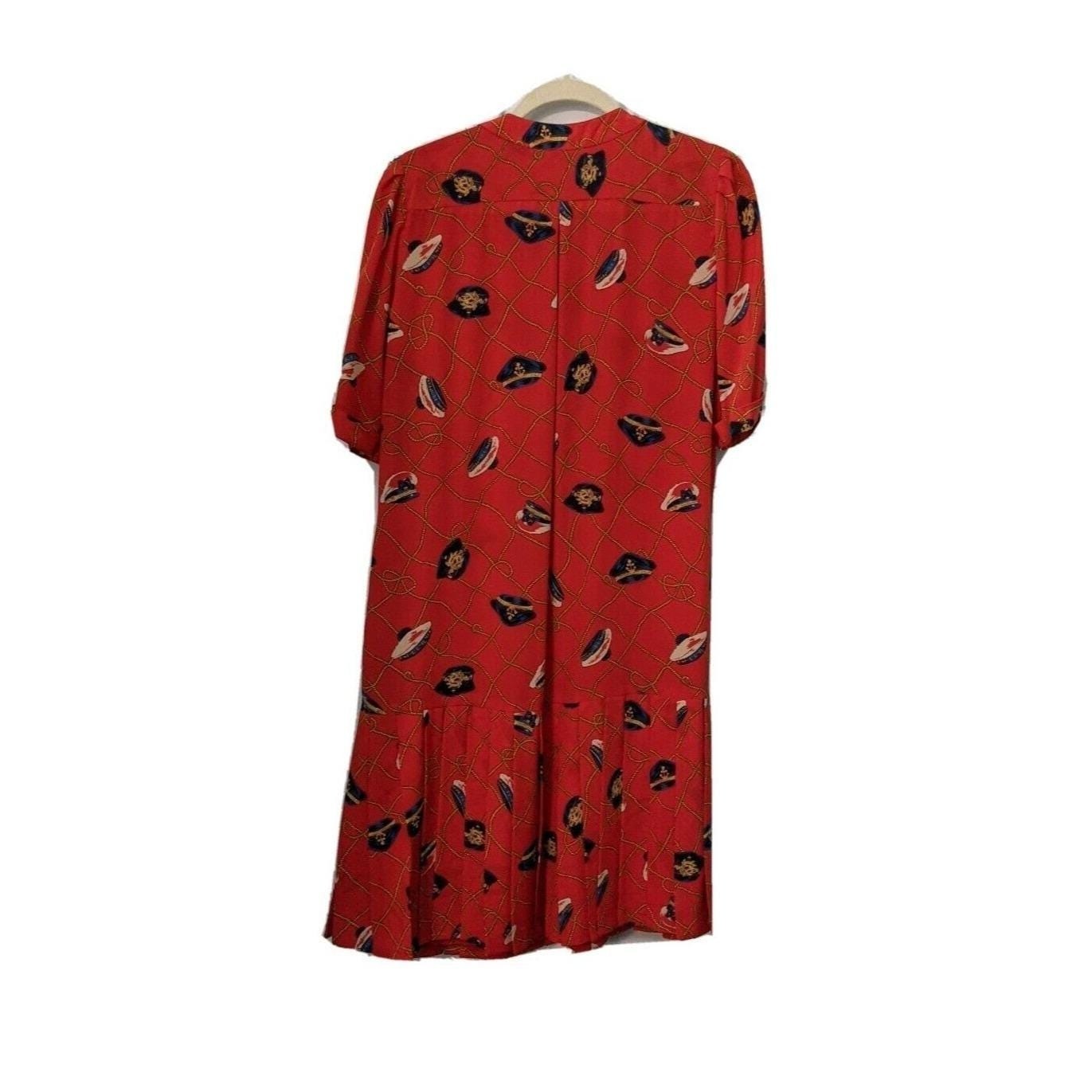 Adolfo Fine Feathers Red Nautical Dress Captain Hat Rope Print Vintage 80s