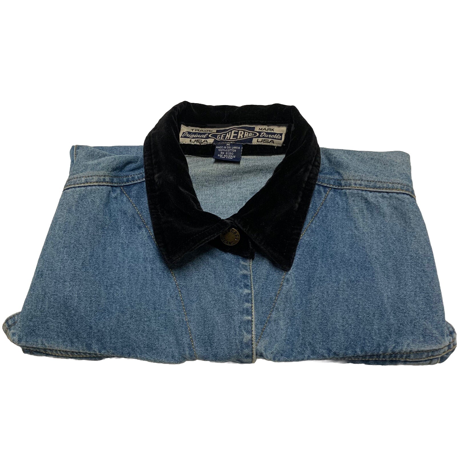 VTG 90s Generra Jean Vest Women’s Size M 100% Cotton Denim Black Velvet Collar