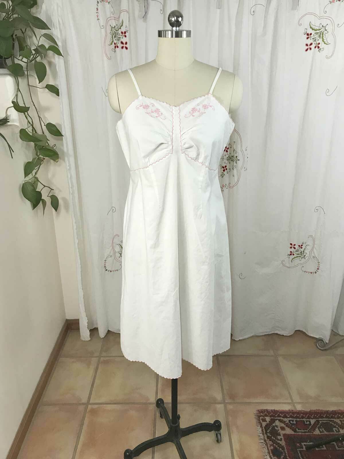 Vtg French White Cotton Slip Summer Day Dress Nightgown Pink Embroidery sz M/L