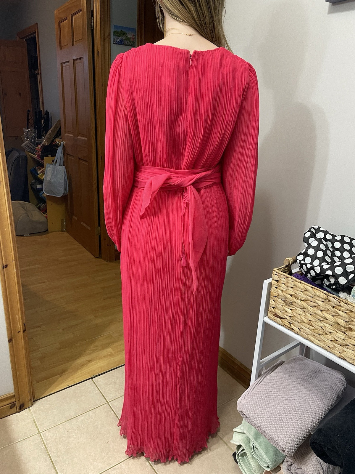 Vintage 70s Anthony Muto Accordion Pleat Evening Poly Chiffon Cape Gown Pink S-M