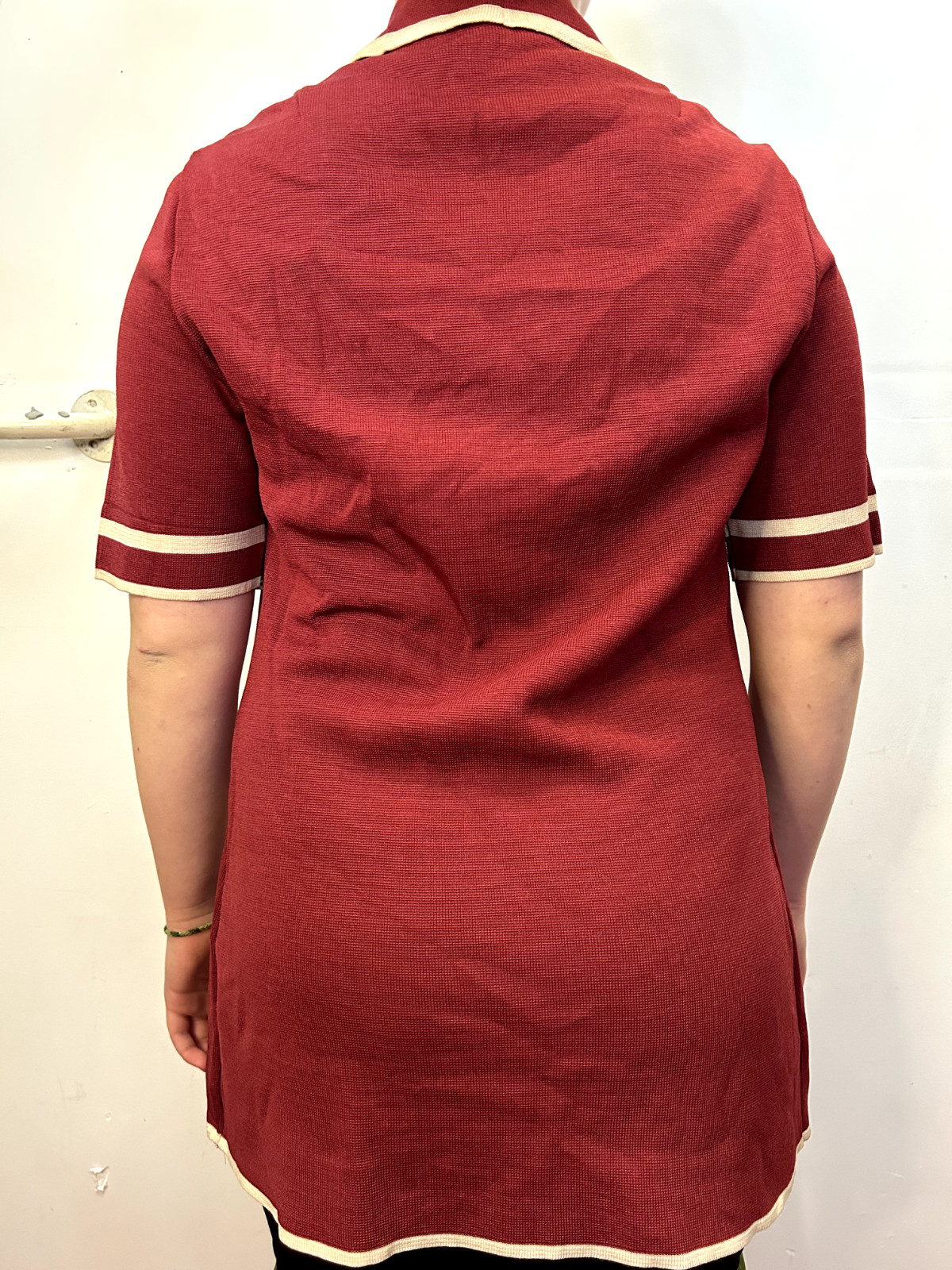 Vintage 1970s Knit Nylon Blazer Burgundy Maid Uniform Nurse Costume Retro AU 12