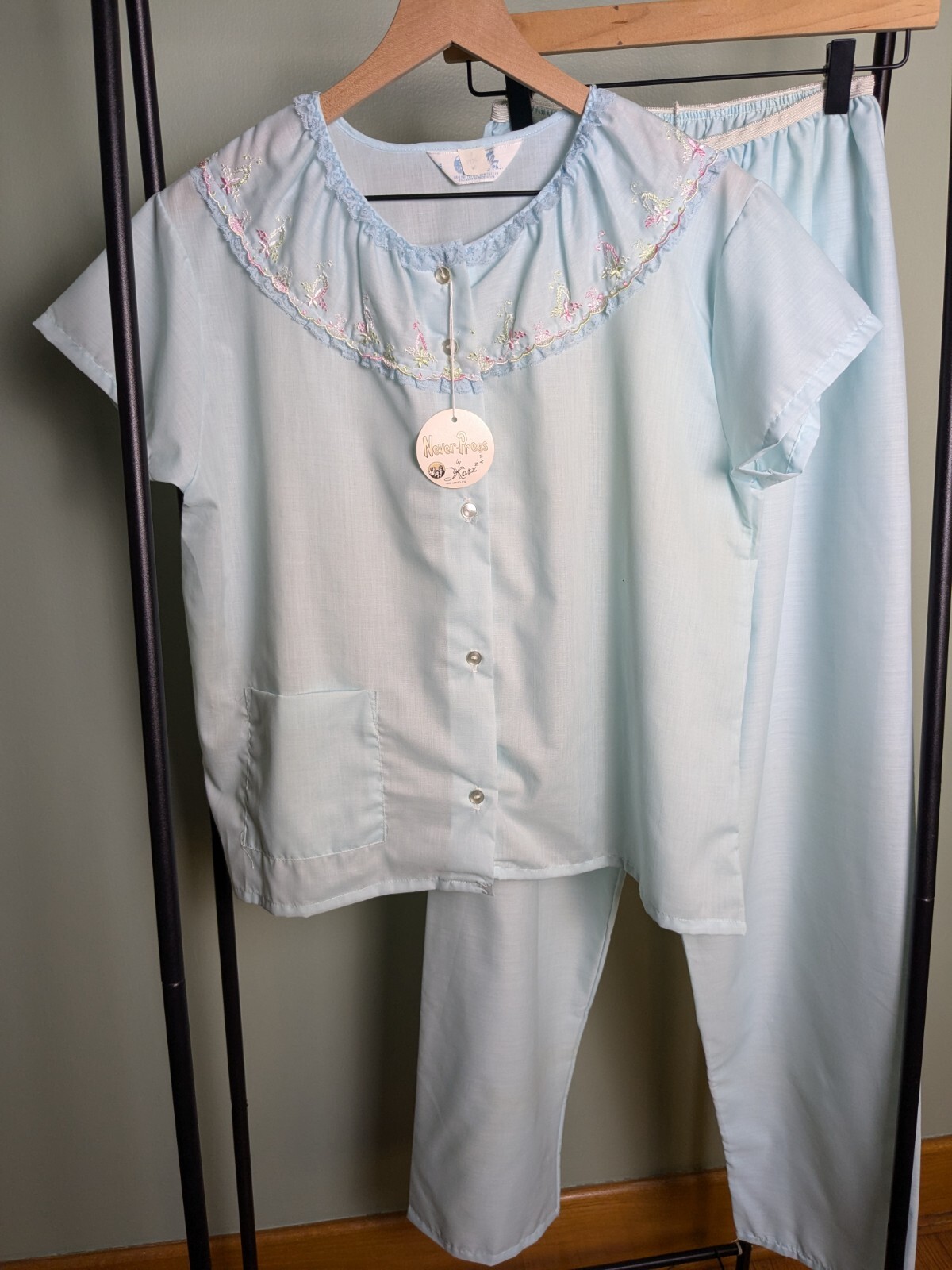 Vintage Deadstock NWT 2 Piece Cotton Pajama Set Embroidered And Lace