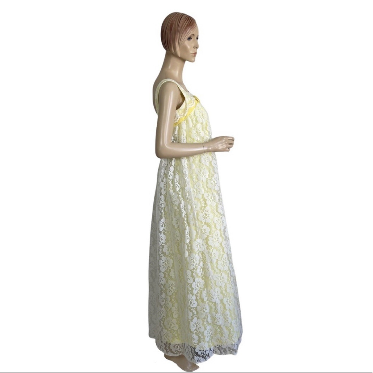 Vintage Victorian Yellow & White Lace Cape Style A-line Maxi Princess Dress