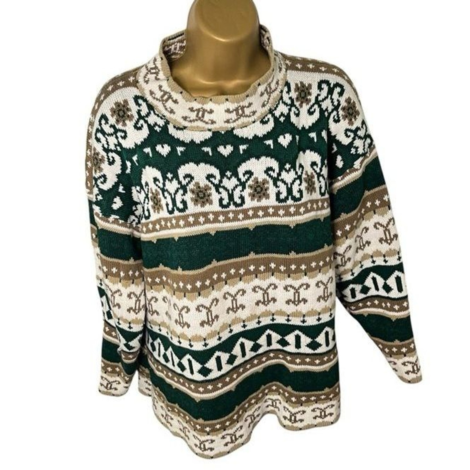 Vintage 80s Just For Women Nordic Fair Isle Turtleneck Sweater USA Green