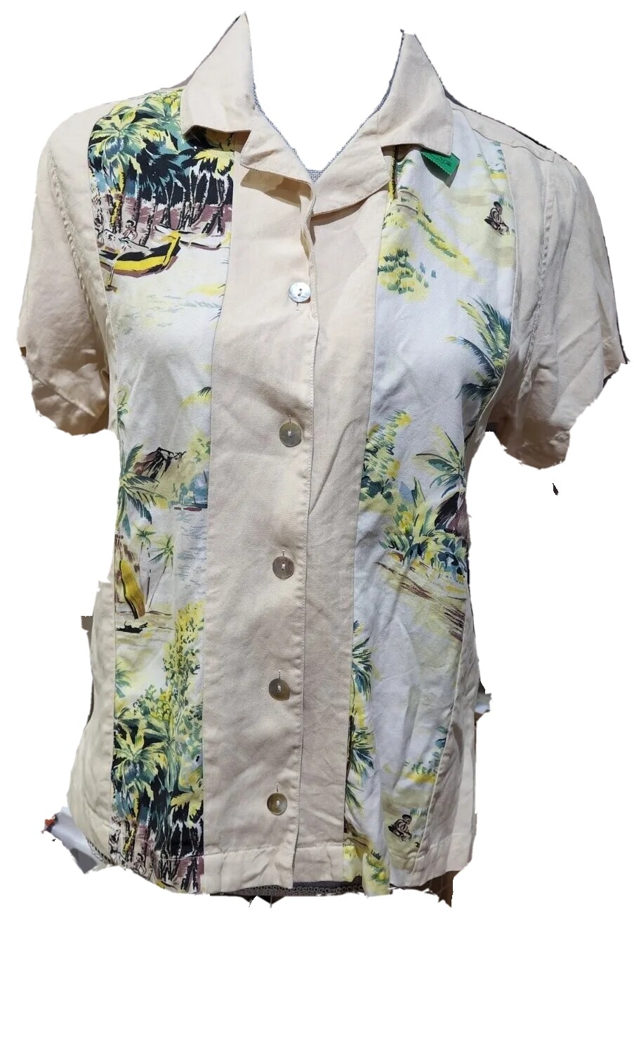 vtg Tiki Classics Shirt top womens short sleeve HAWAIIAN silk ALOHA Boat SMALL L