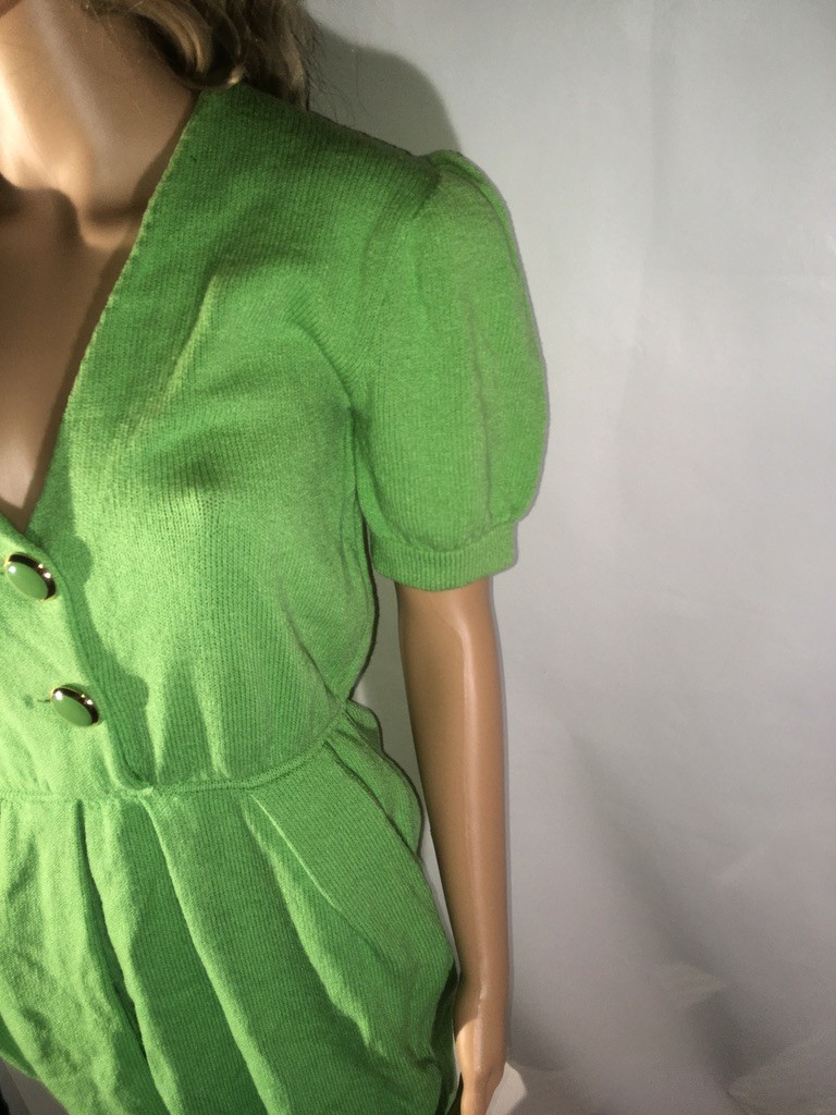Vintage St. John by Marie Gray Knit Green Dress Puff Sleeves Size 8 1980s V-neck
