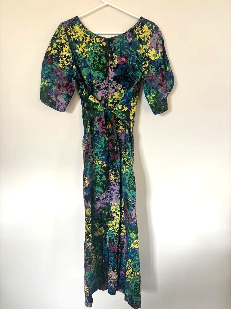Vintage JA-NA Hawaiian Maxi Dress Size 10 Abstract Floral Multi Color Barkcloth