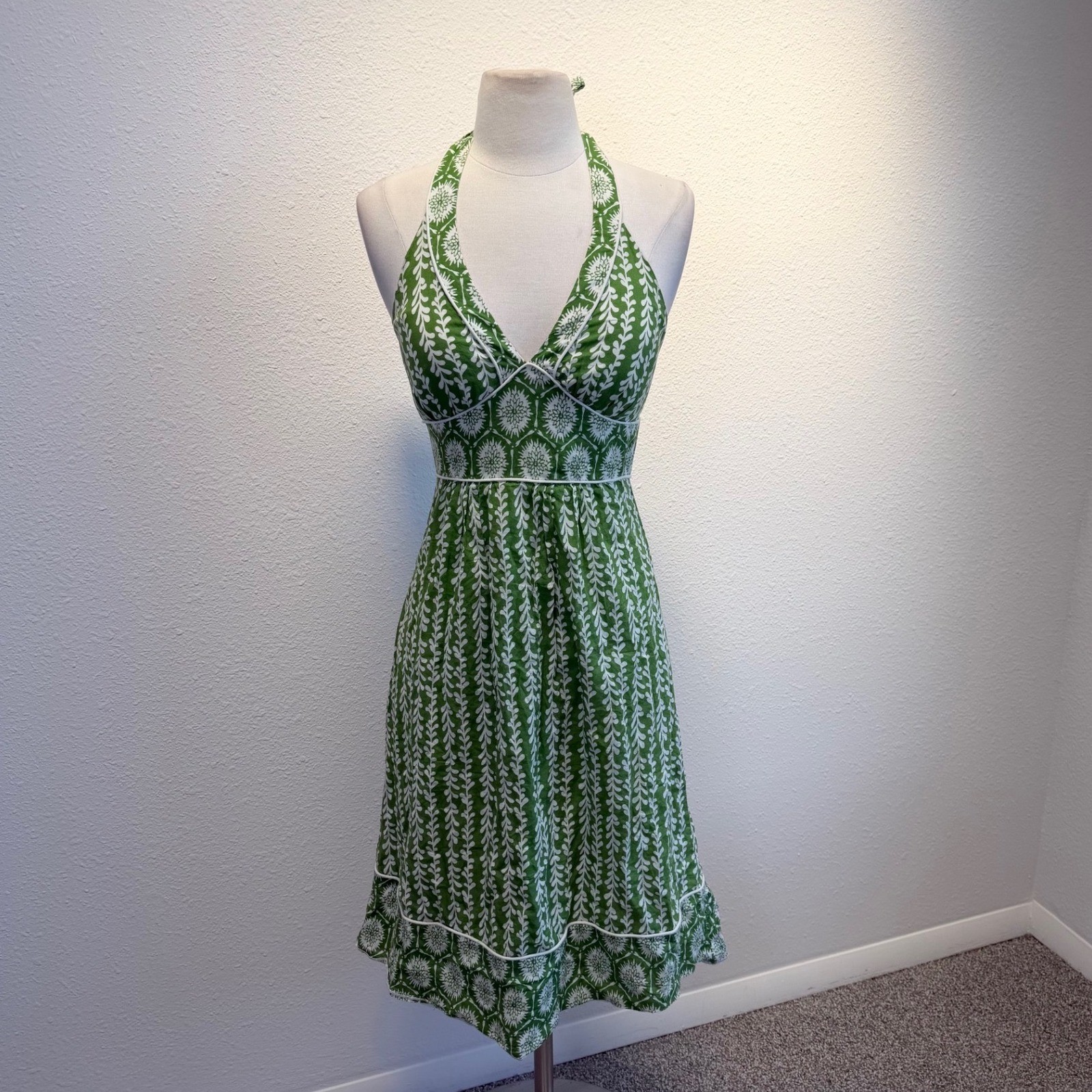 Vtg Y2K Green Halter Babydoll Dress Womens Small Twee Floral Feminine Coquette