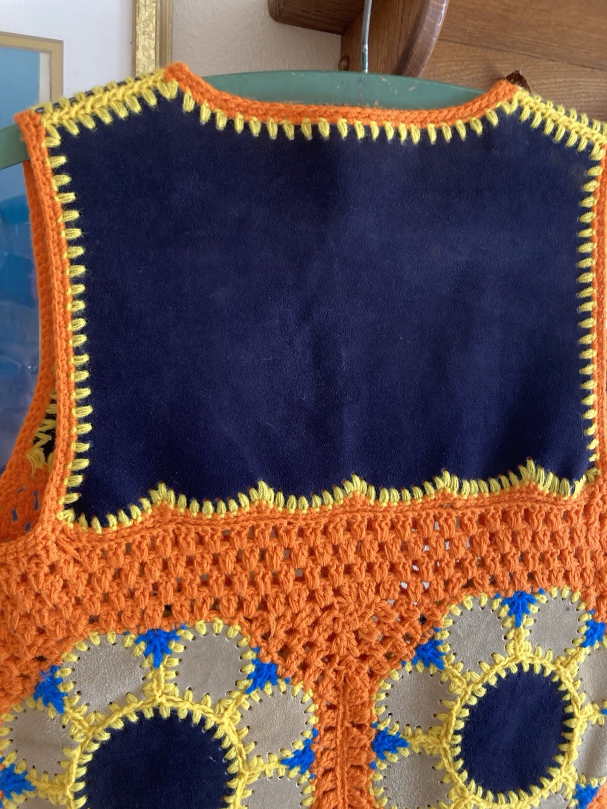1970s Flower Power Suede Crochet Vest – Bust 34in