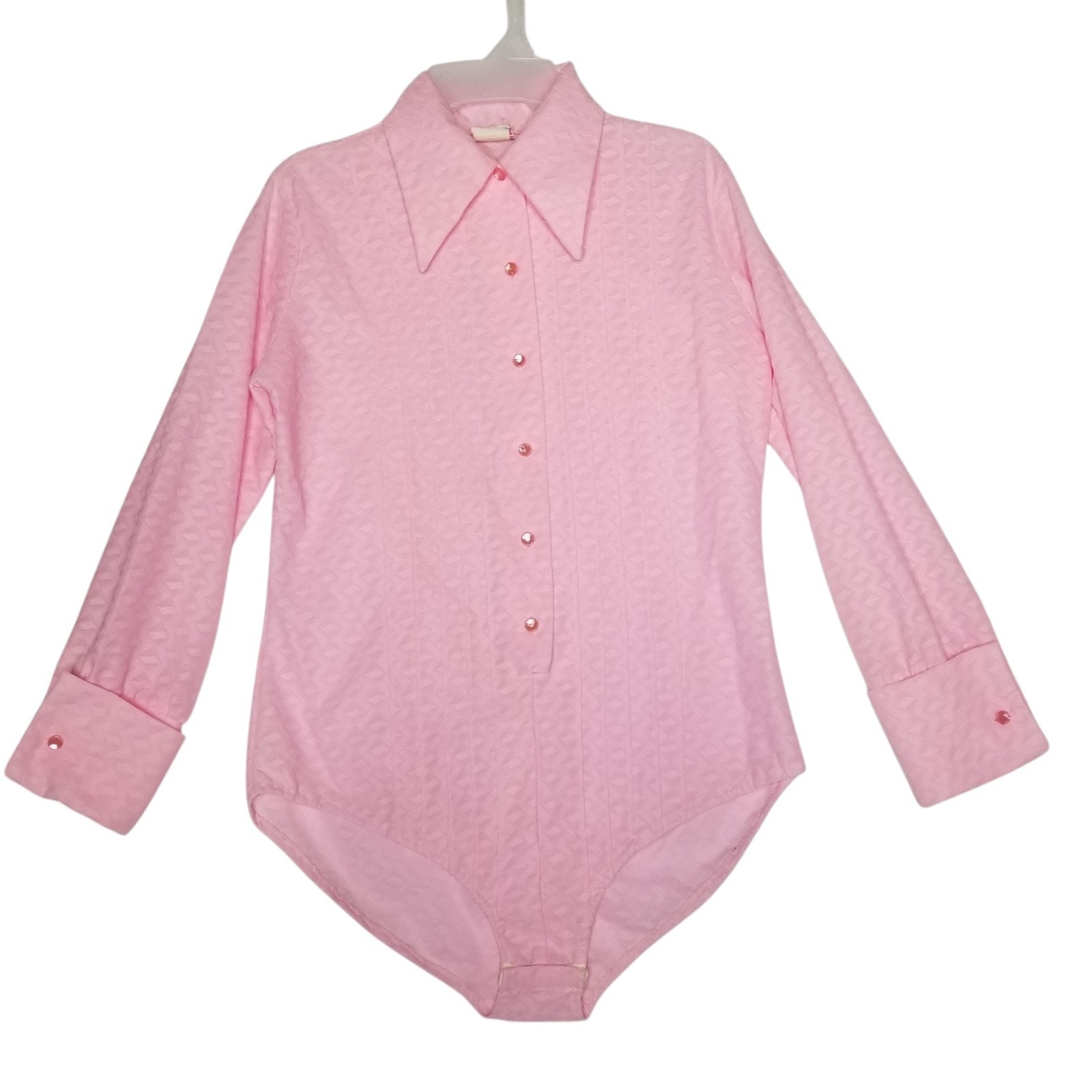 Vtg 70s Pink Pintuck Long Sleeve Bodysuit Blouse Large Pointed Collar Shirt