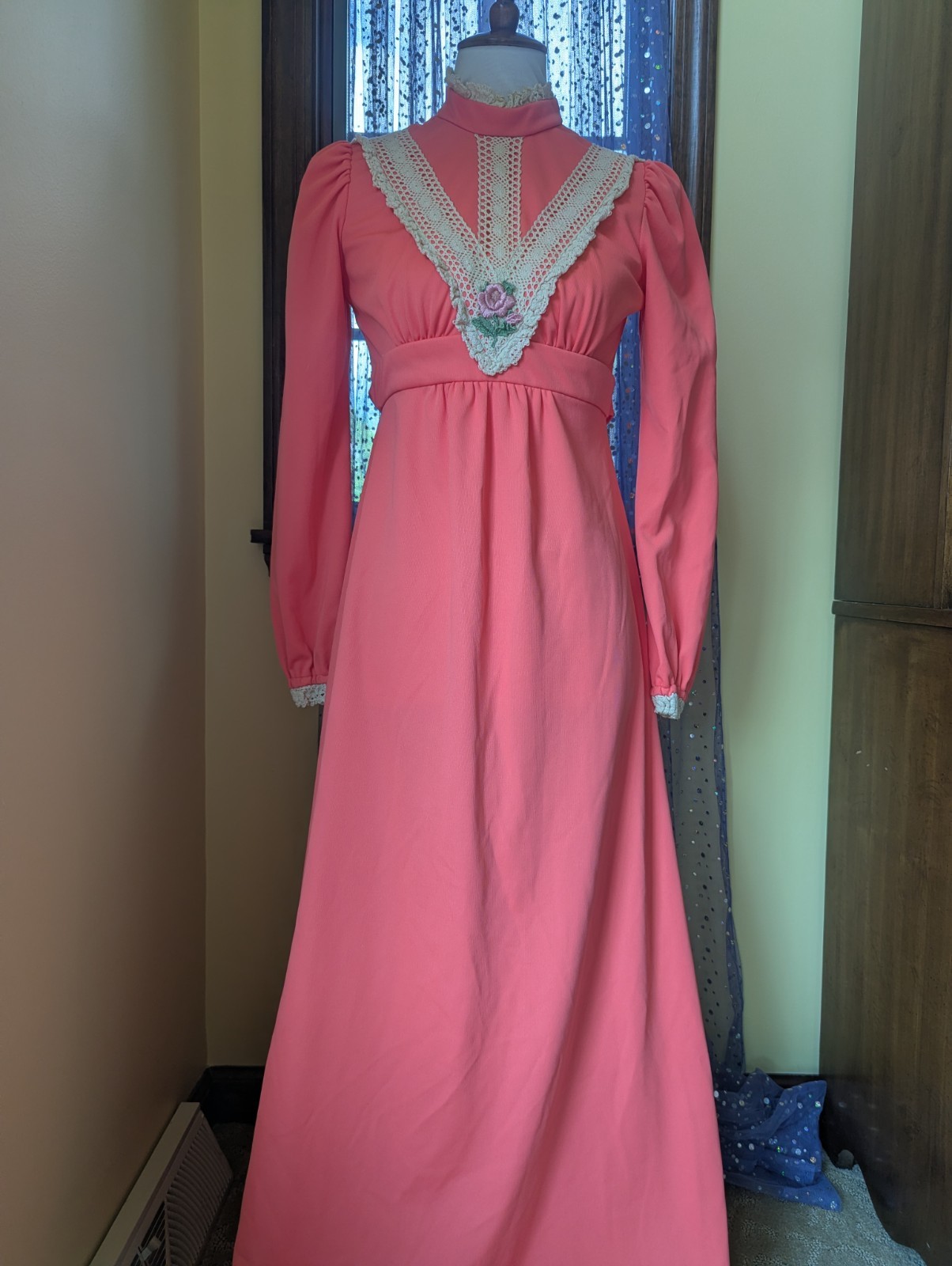 Vintage 70’s Hot Pink Coral Victorian Prairie Polyester Maxi Dress Size XS/S