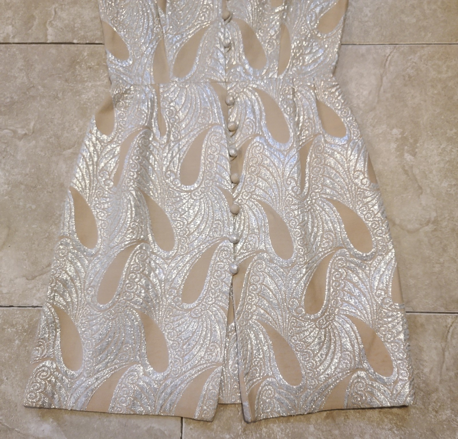VTG MOD 60 Eve Le Coq Tan Metallic Silver Lame Brocade Paisley Dress Women’s S-M