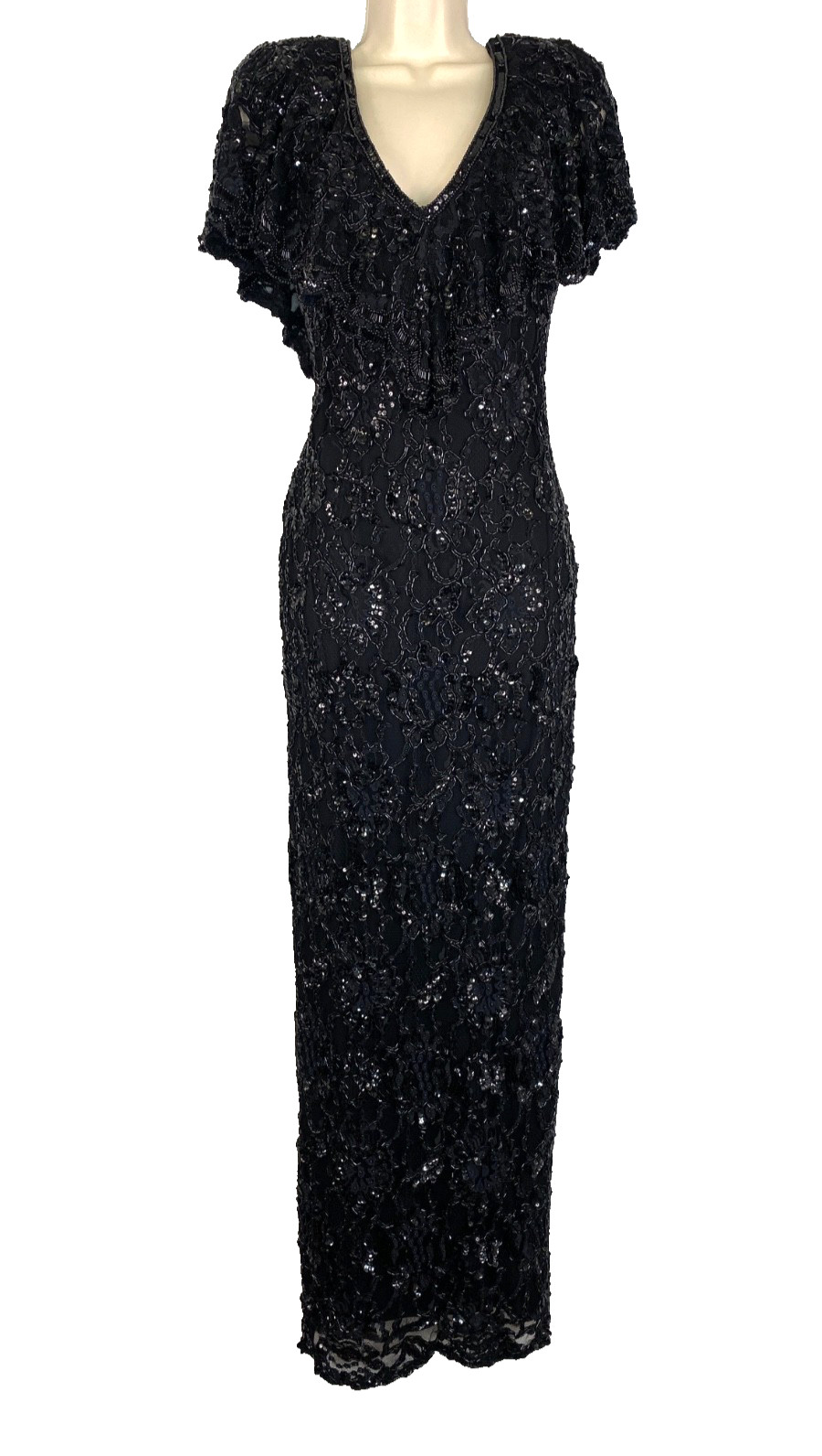 Vintage 1970s black beaded formal dress S pencil wiggle cape sleeve maxi flutter