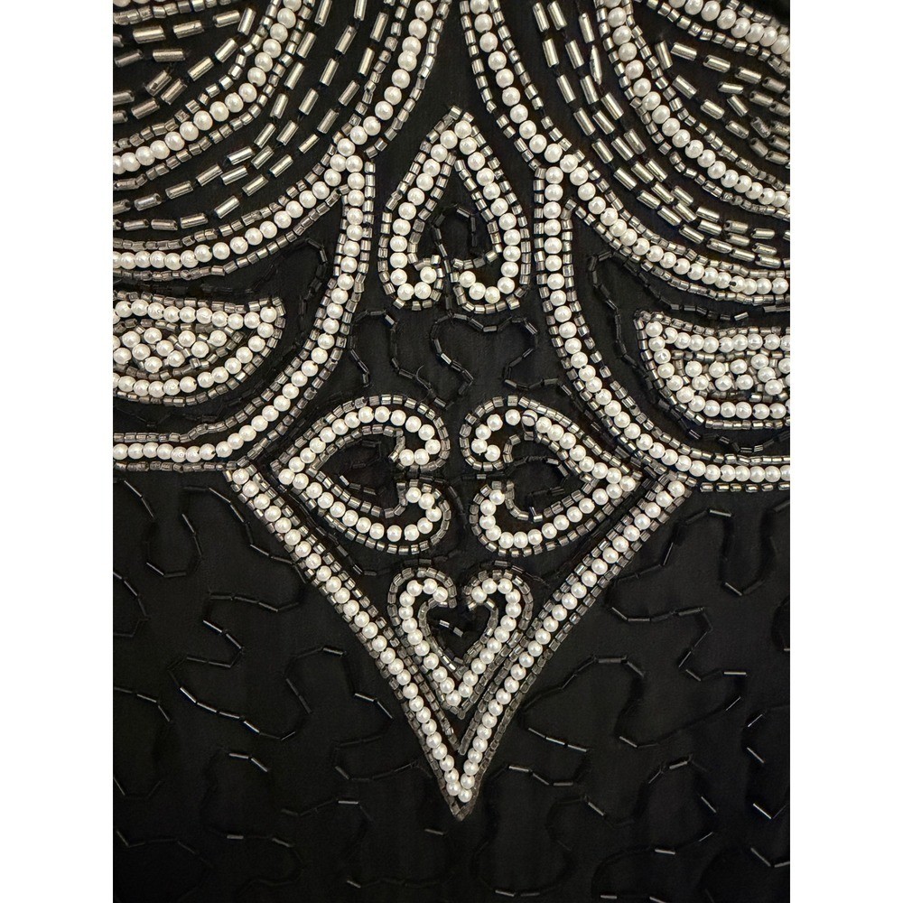 Night Vogue Vintage Black Silk Beaded Sequin Maxi Dress Art Deco Gown M Medium