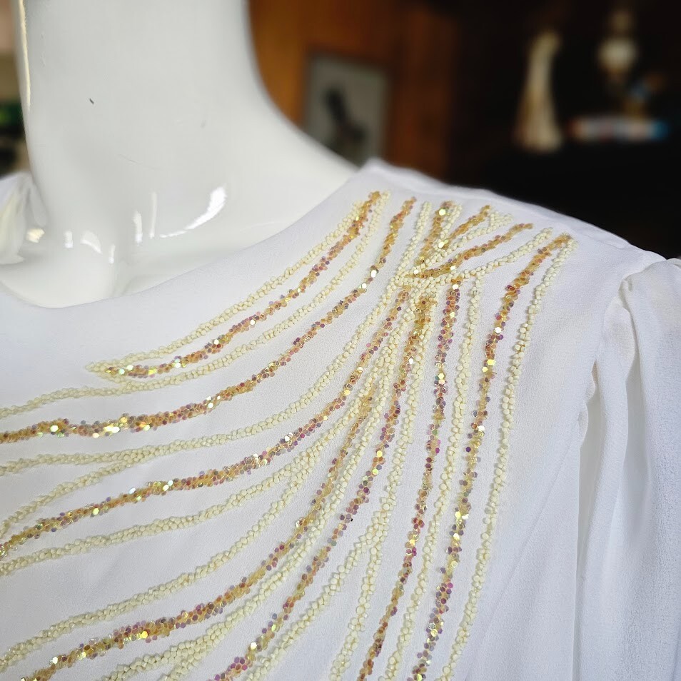 Vintage 80s Sheer Disco Winter White Gold Glitter Flame Blouson Party Dress S/M
