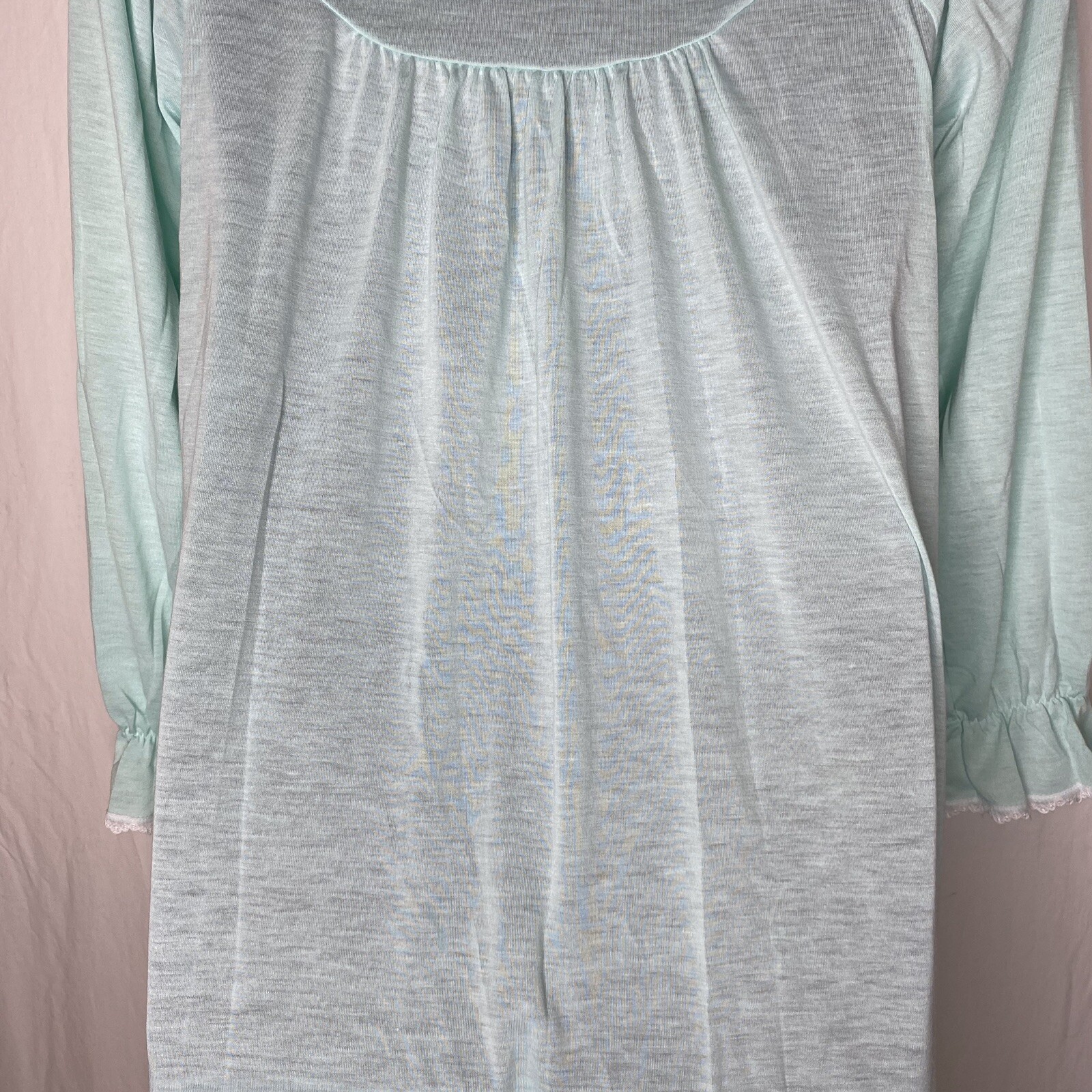 Cinejour Nightgown Ruffles Button Up Long Sleeve M USA Polyester Mint Green