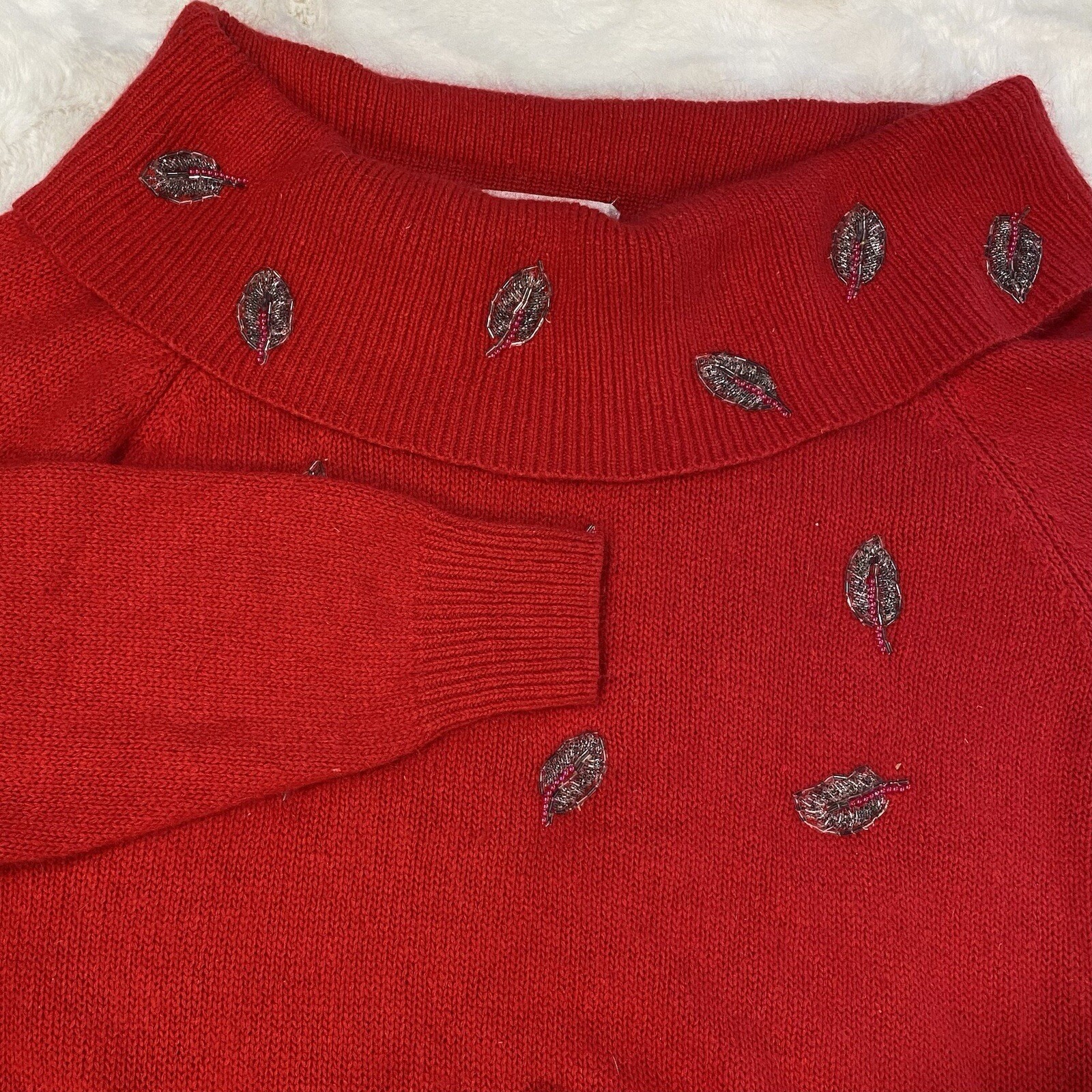 VTG Red Silk Angora Blend Hand Beaded Leaf Portrait Collar Sweater Large
