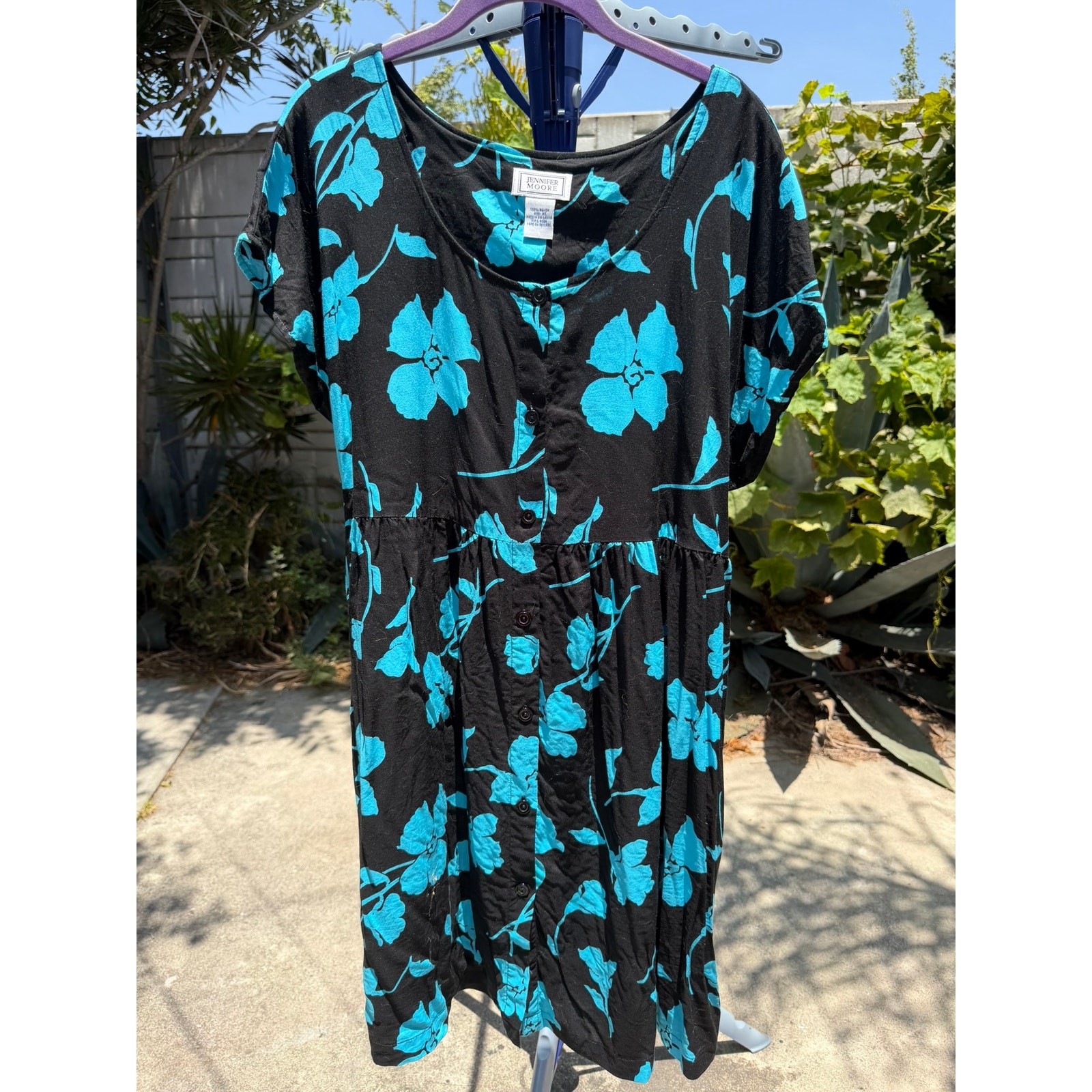 Vintage 90s Jennifer Moore Babydoll Mini Dress Extra Large Turquoise Flowers