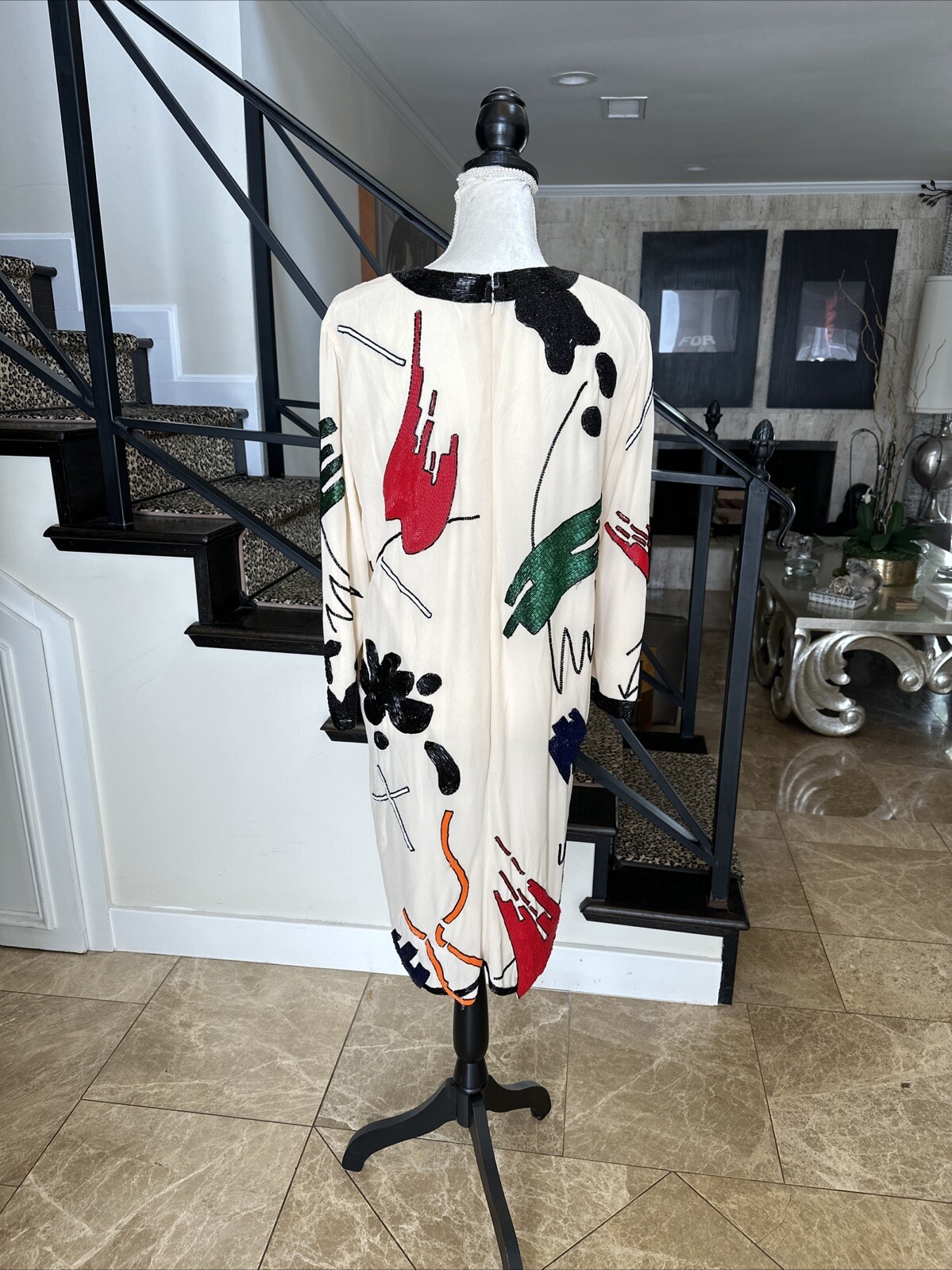 Fabrice Silhouettes 80s Ivory And Vibrantly Colored Beaded Shift Dress 10