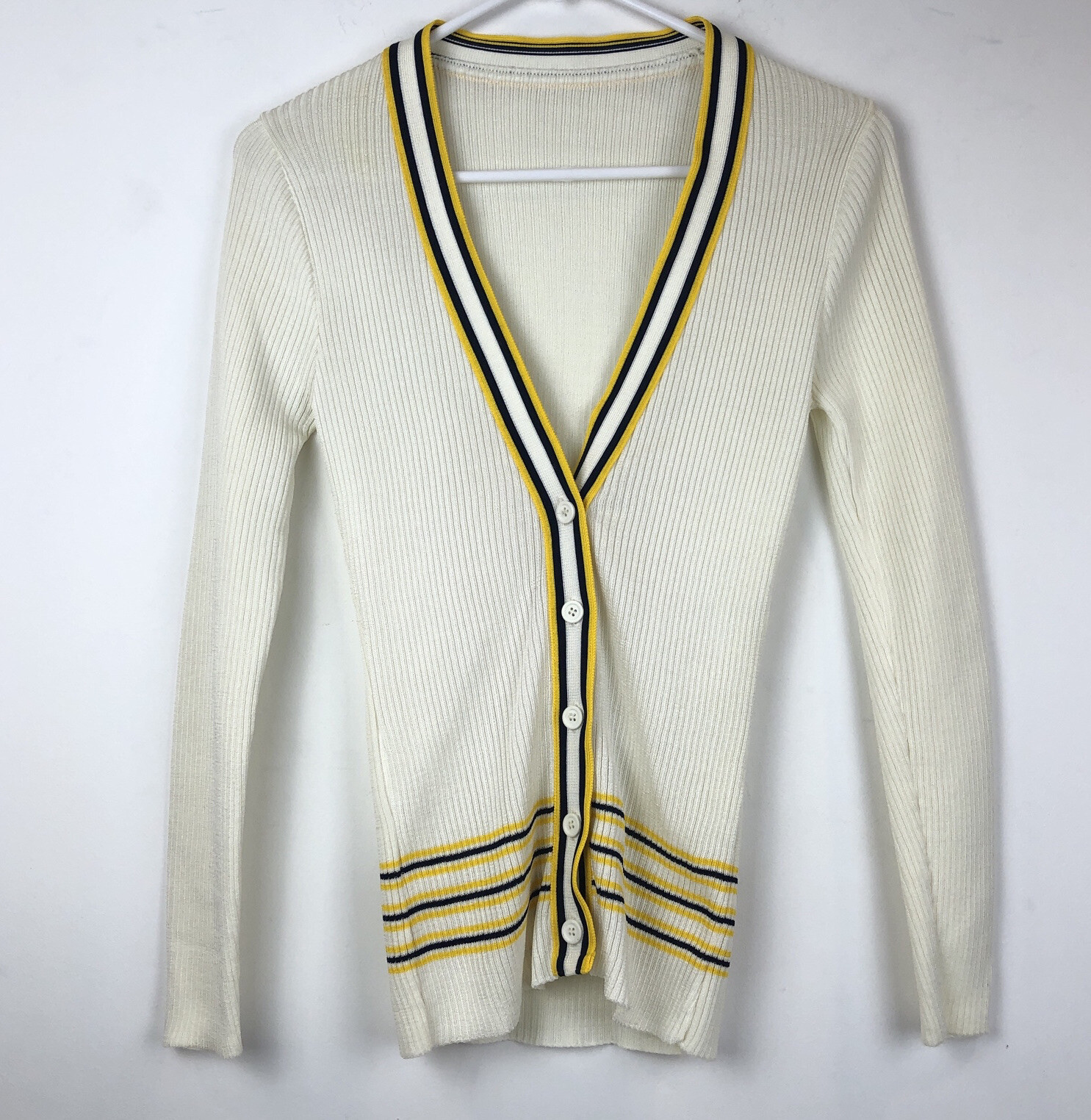 Vtg MCM Women’s Knit Cardigan Sweater Collegiate Prep Cream Navy Gold Stripes 8