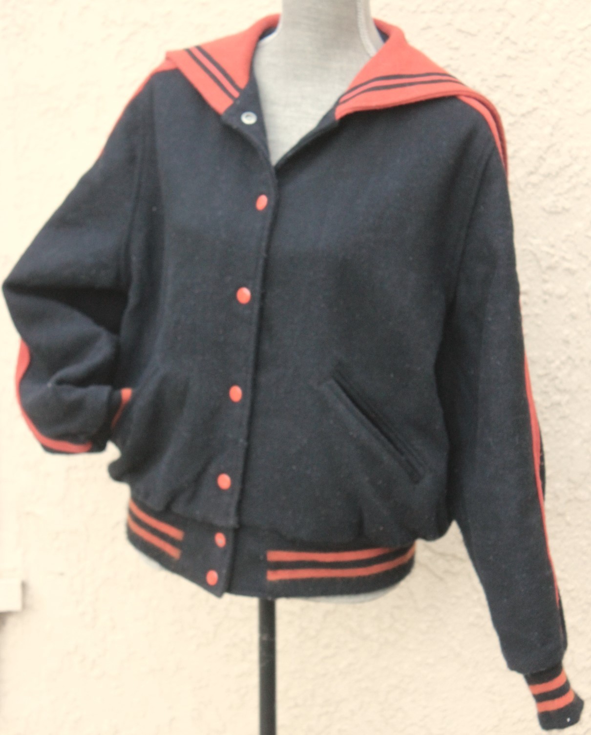 Vtg Butwin Lettermans Jacket Wool Black & Orange Sailor Collar Sz M? check meas.