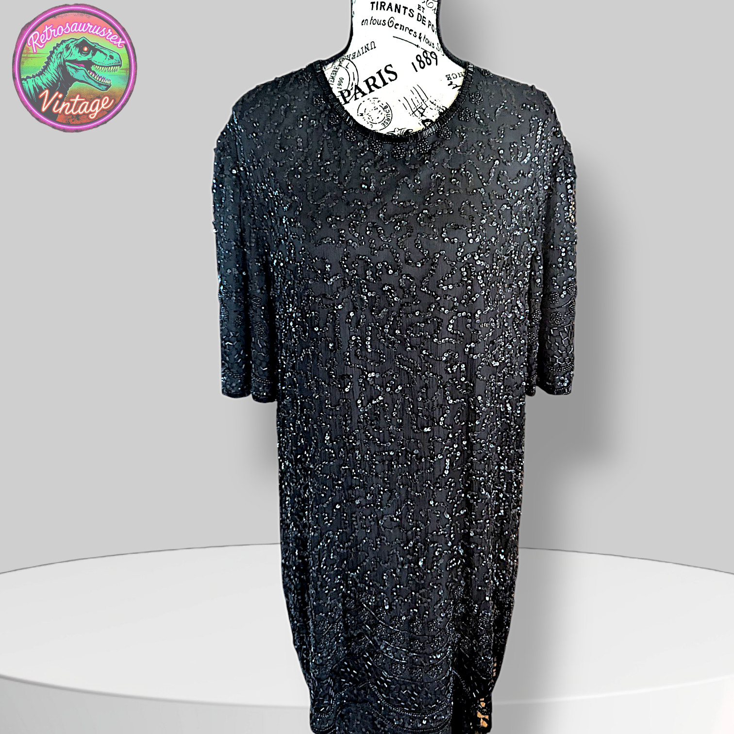 Vintage Bombshell Glam Silky Nites Beaded Sequin Black Gown, 2X Plus