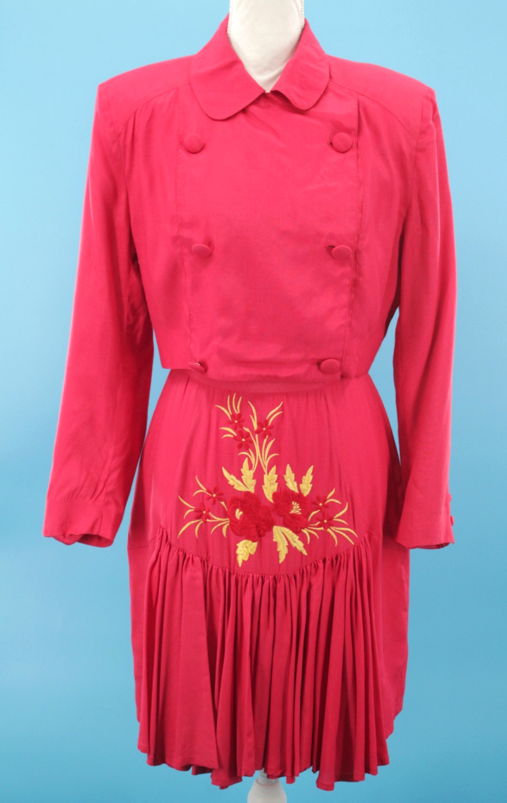 VTG Womens 90s 2 Pc Coral Red Embroidered Rayon Top & Skirt Dress Set XS/S 1990s