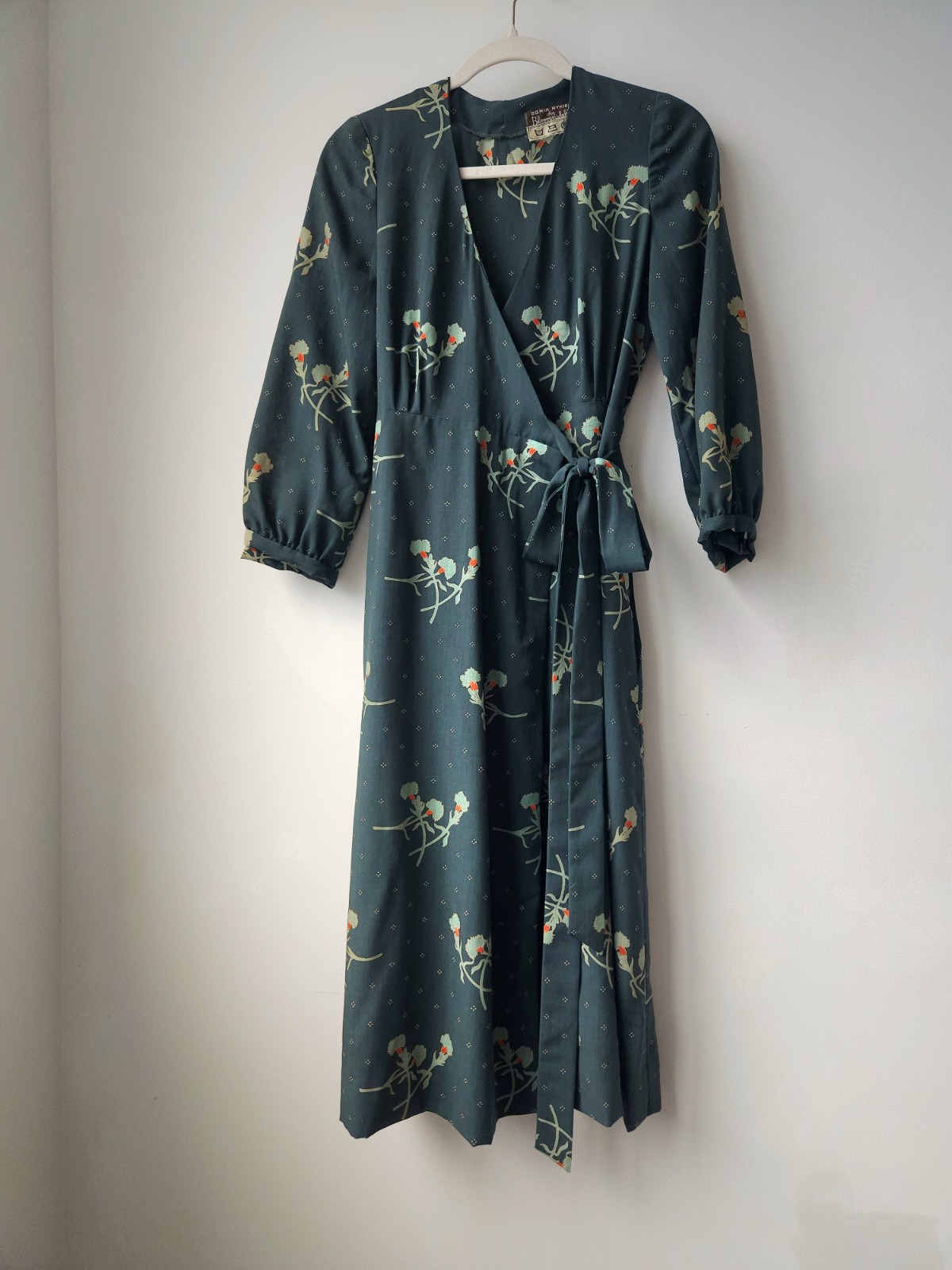 Sonia Rykiel Vintage 70’s Green Floral Long Sleeve Wrap Dress