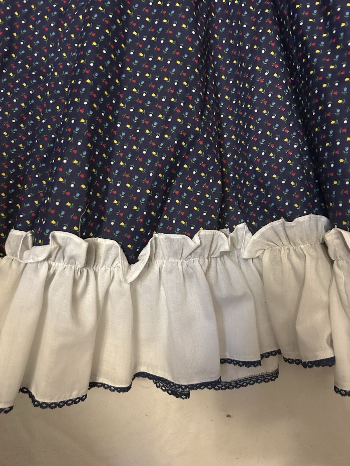 VTG 70s Navy Prairie Ruffled Square Dance Dress 160″ twirl skirt country sm med