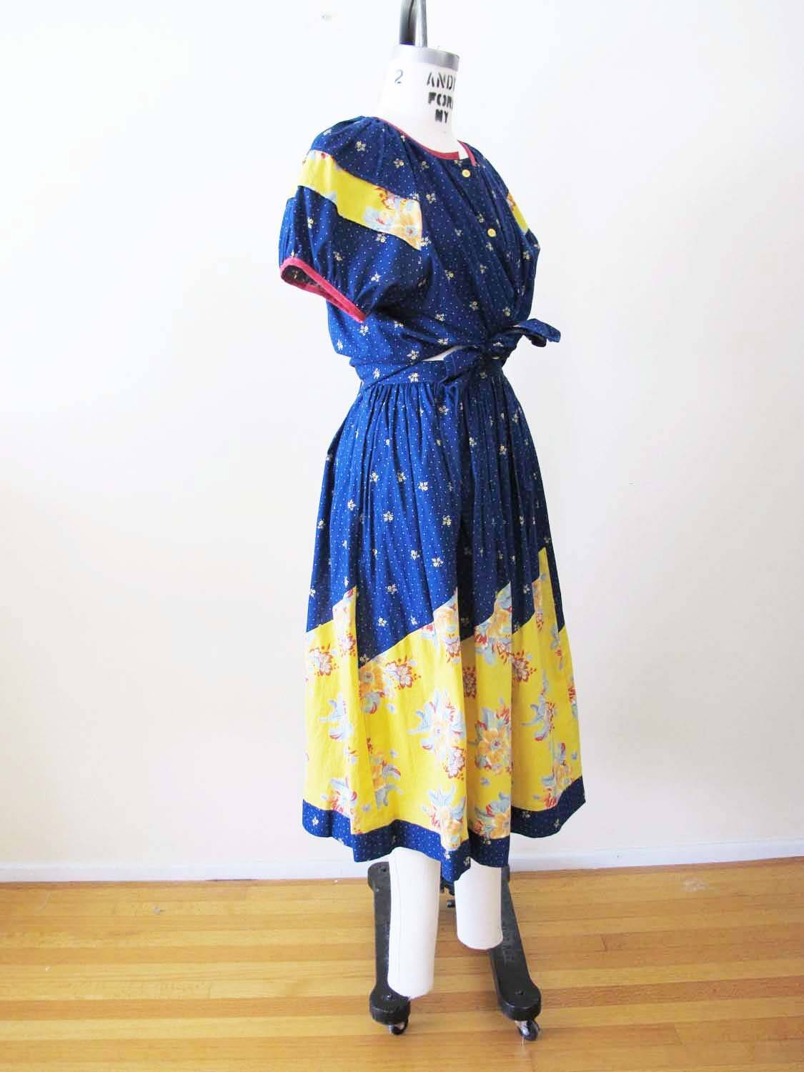 Vintage Anastasia Paris 2 Piece Peasant Blouse Skirt Set S – 80s Blue Yellow