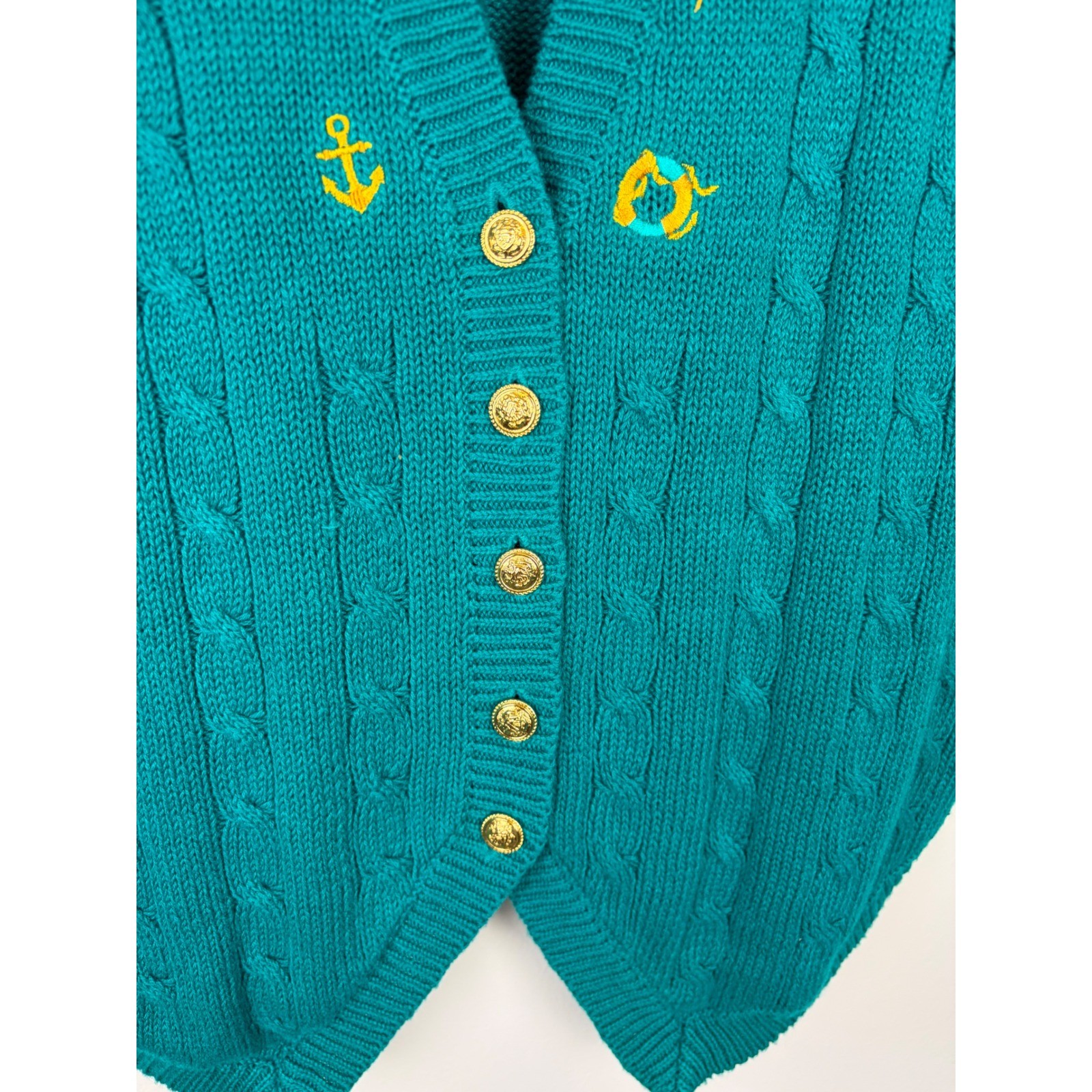 NEW Vintage 90s Thats Me Sweater Vest Medium Teal Nautical Embroider Cable Knit