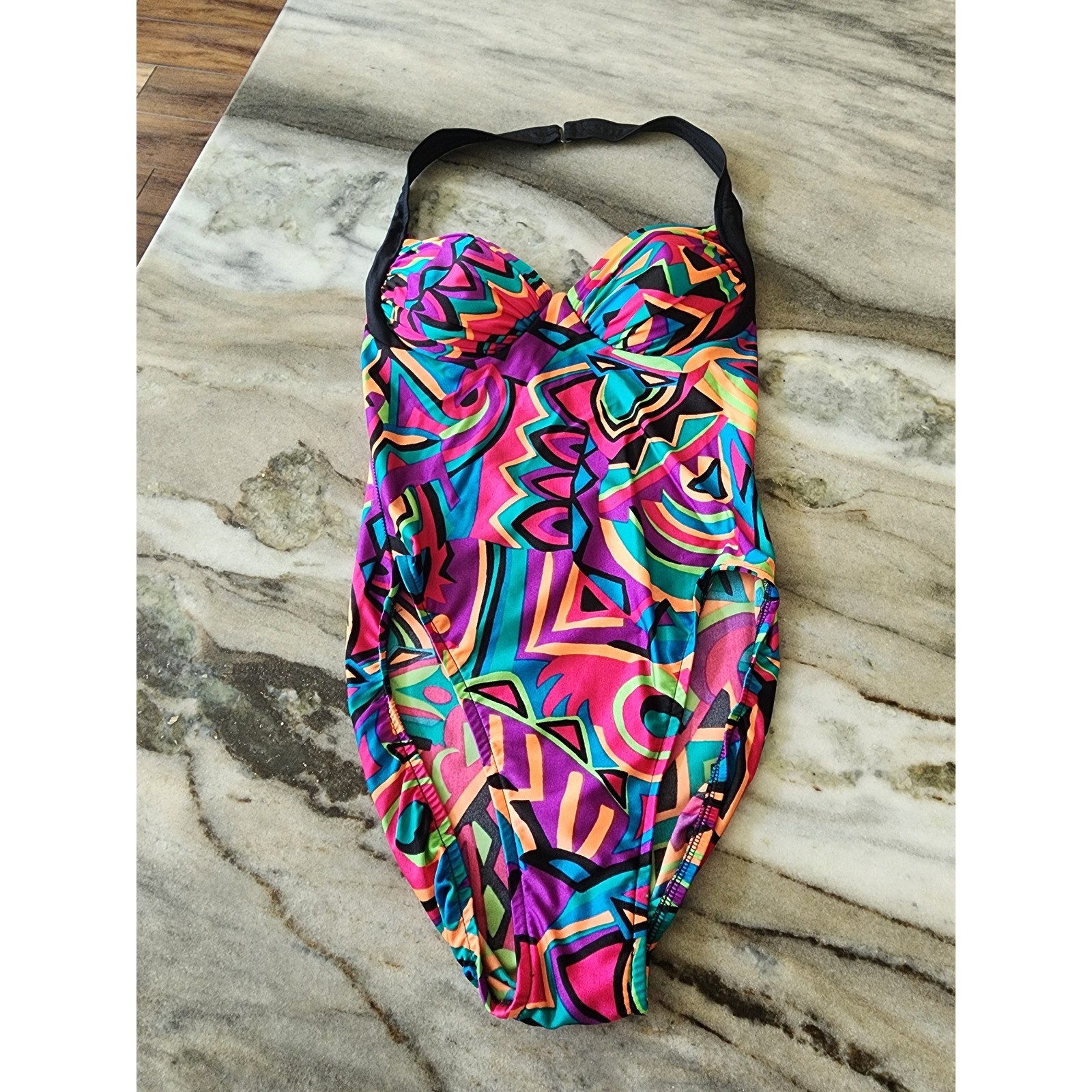 VTG 90s Coastal Zone Jantzen Neon Abstract Geometric One Piece Swimsuit Halter