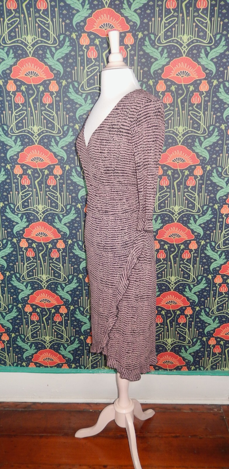 Vintage 90’s Y2K Black Pink Faux Wrap Flounce Ruffle Knit Dress XS