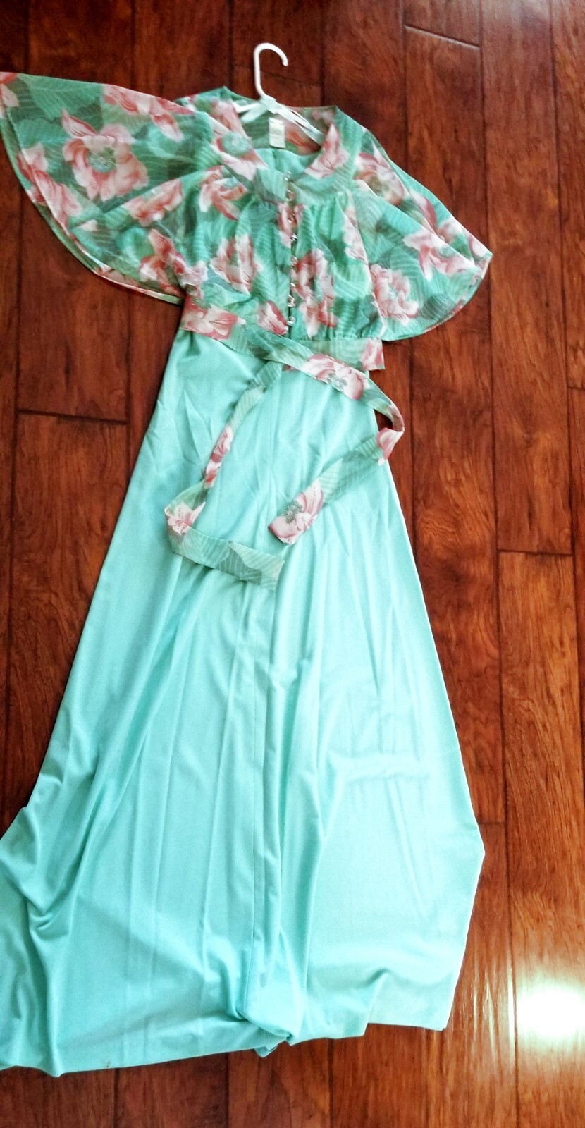 Vtg 70s ALFREDA Maxi Dress Silky Nylon w Capelet Empire Waist Hippie Boho Medium