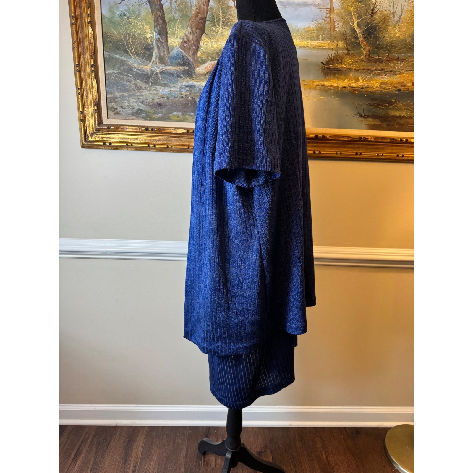 Pride & Joy Vintage Blue Metallic Ribbed Knit Dress and Cardigan Set Size 18W